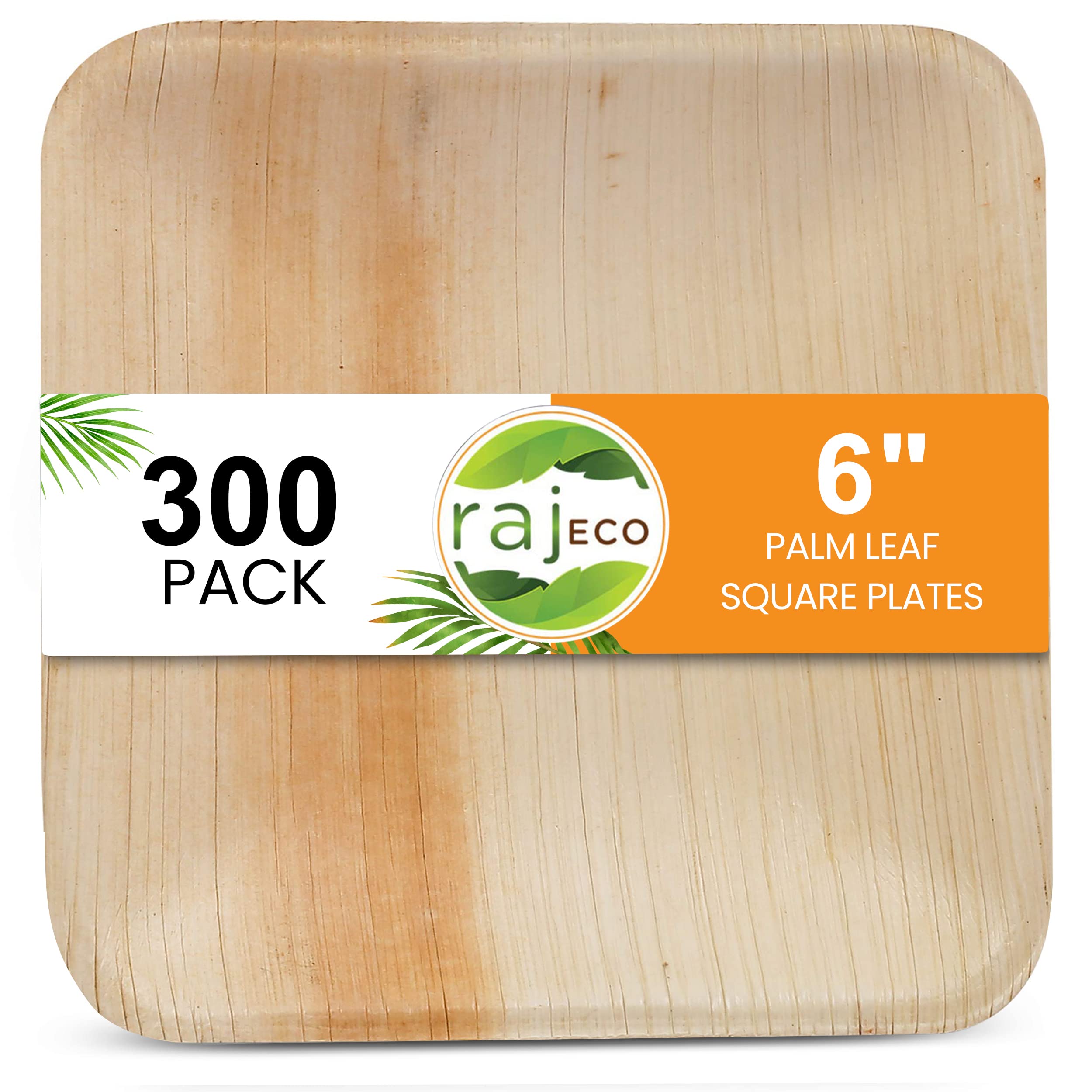 Raj Palm Leaf Plates Plates like Bamboo plates Disposable, Decorative Compostable Tableware for wedding, Lunch, Dinner, Birthday, Camping, Outdoor BBQ, Picnic (6" (300 Pack))
