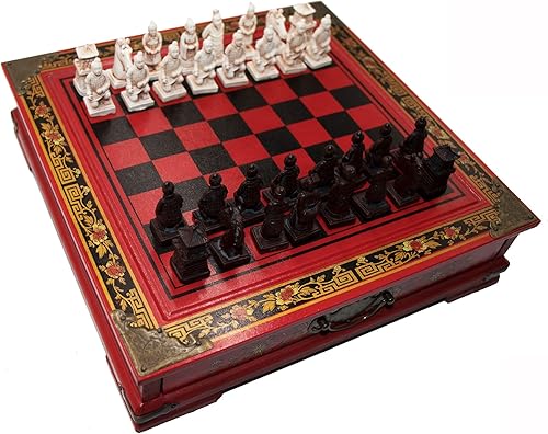 Ireav - Juego de ajedrez retro de guerreros terracota para niños y adultos, clásico juego de mesa familiar con tablero plegable de madera, piezas de
