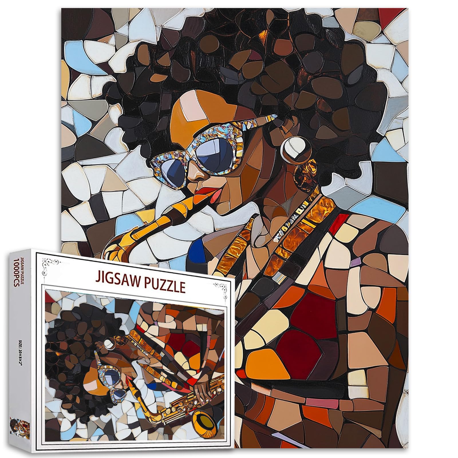 Jazz Musician 1000 Piece Jigsaw Puzzles for Adults Afro-America Woman Painting Jigsaw Puzzle Africa Girl 1000 Pieces Puzzles Game Saxophone Player Saxophonist Wall Decor DIY Craft Puzzle Art