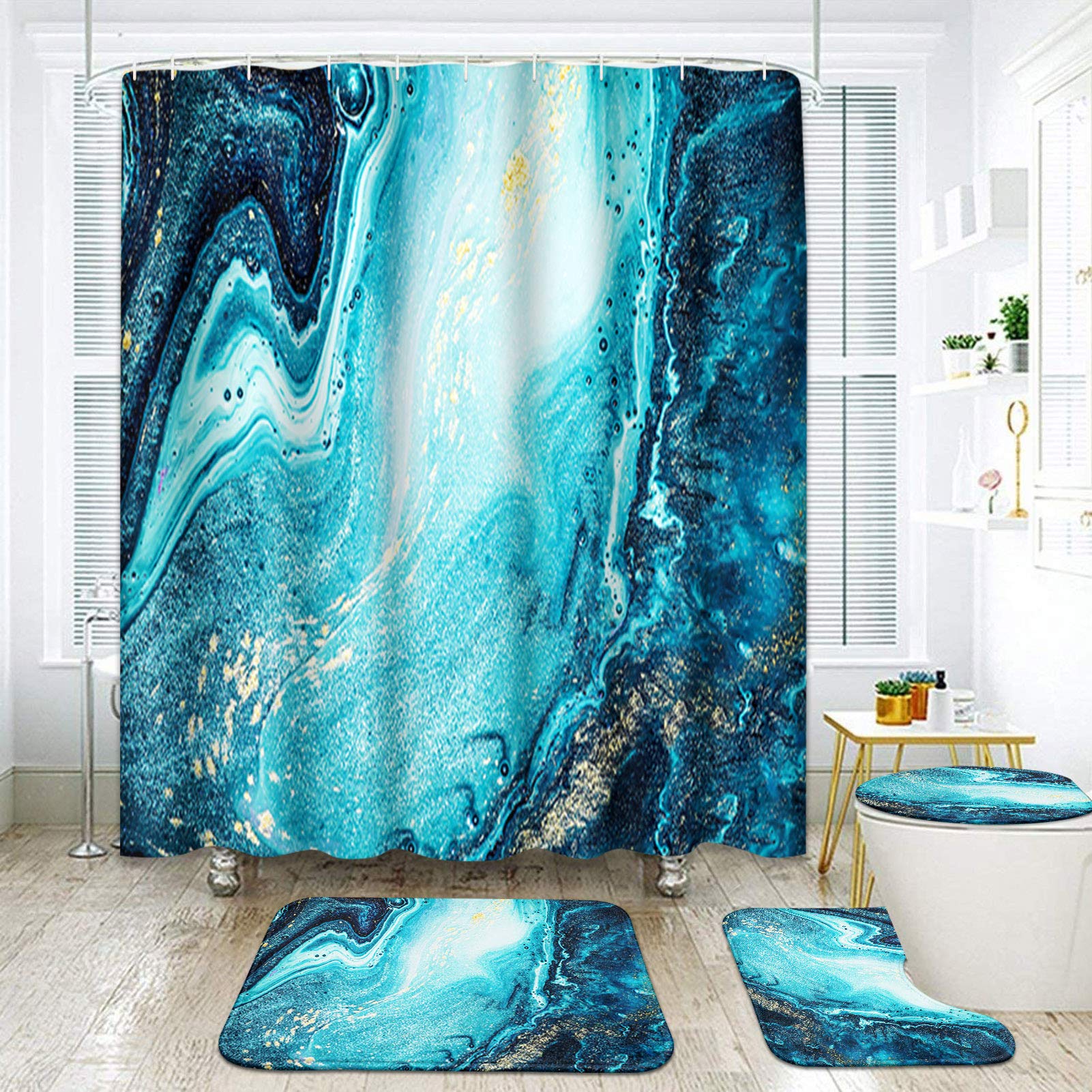 ArtSocket 4 Pcs Shower Curtain Set Blue Sapphire Turquoise Marble Green Sea Watercolor Golden Abstract with Non-Slip Rugs Toilet Lid Cover and Bath Mat Bathroom Decor Set 72" x 72"