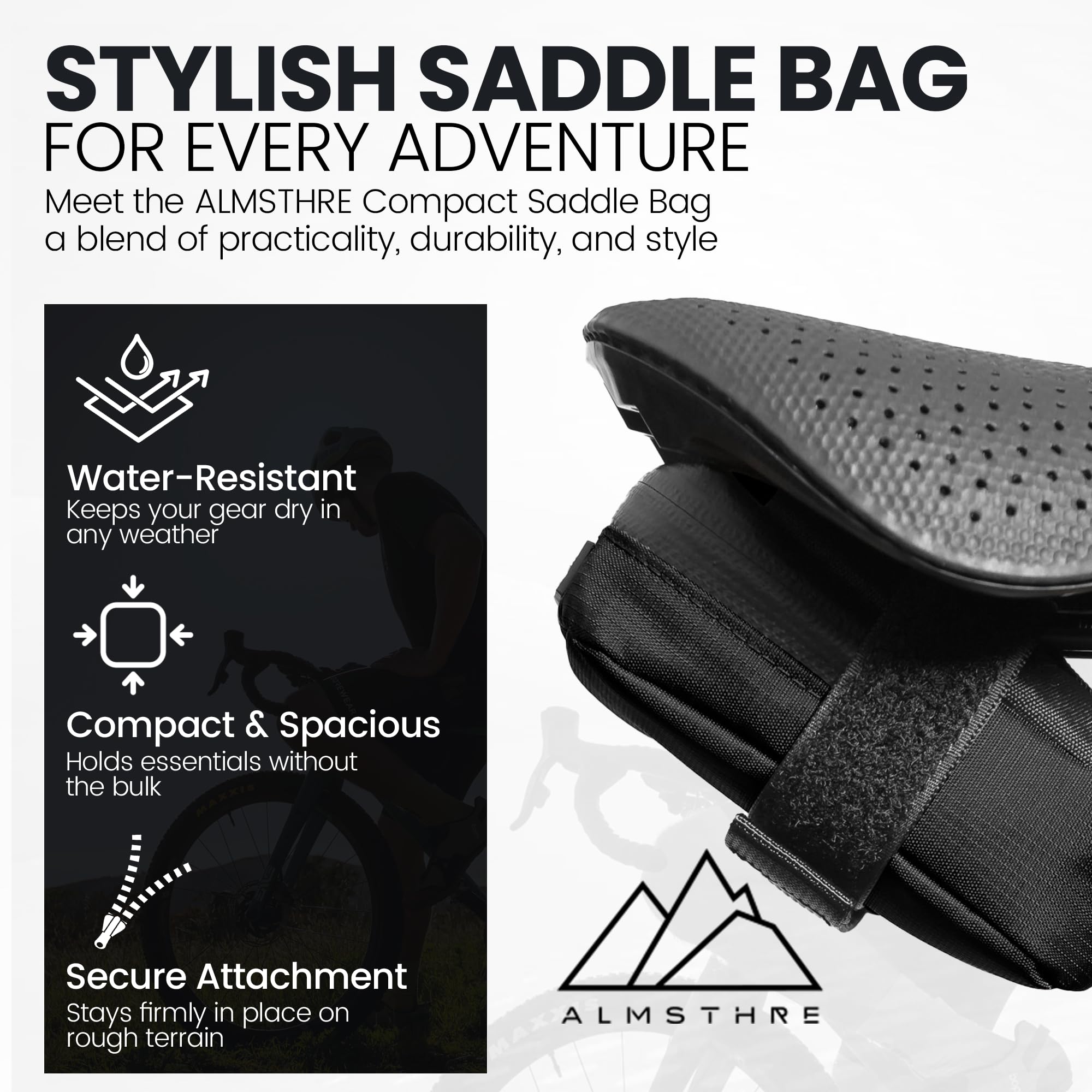 ALMSTHRE Compact Bike Saddle Bag – Midnight Black | 0.3L Bike Seat Bag (3