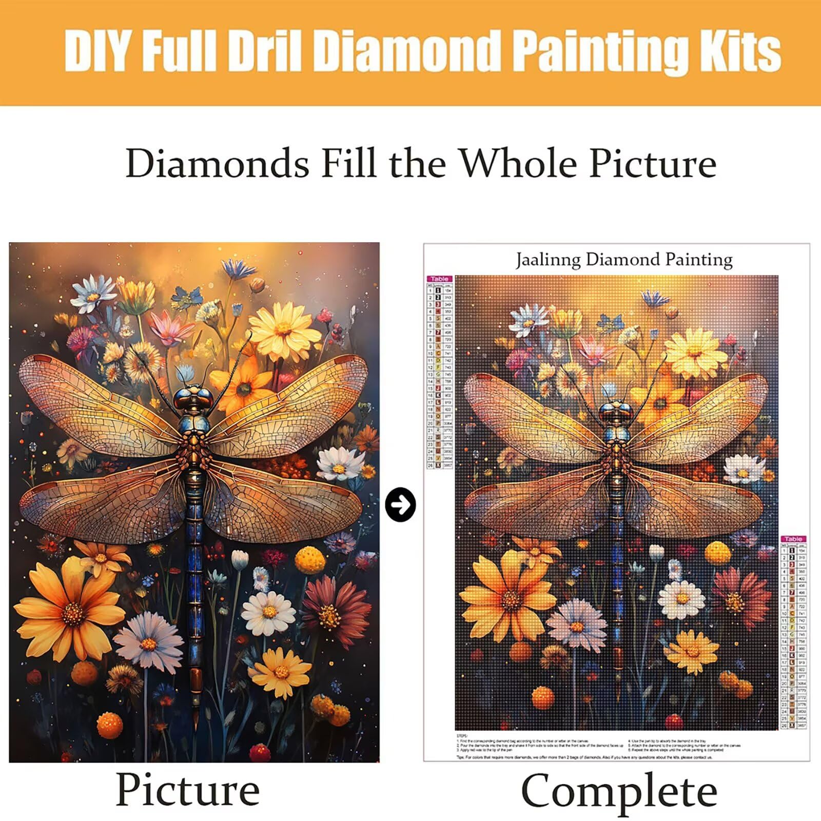 Diamond Painting Kit Completo, Diamond Painting Fiori, 5D Quadrato Pittura Diamante Kit Manualidades Adultos DIY Diamantini Crystal Art Disegni Ricamo Punto Croce Artigianale, 60x90cm Libellula j0-768