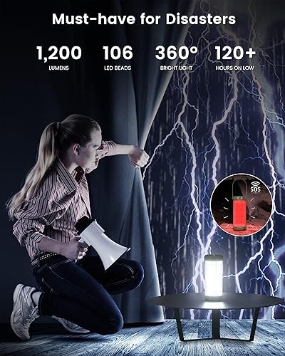 Miniatura 6 de Glocusent Linterna LED de campamento para emergencia, linterna de 160 LED con 1200 lm, 3 colores x 5 brillo con SOS, IP68 impermeable, 5000 mAh