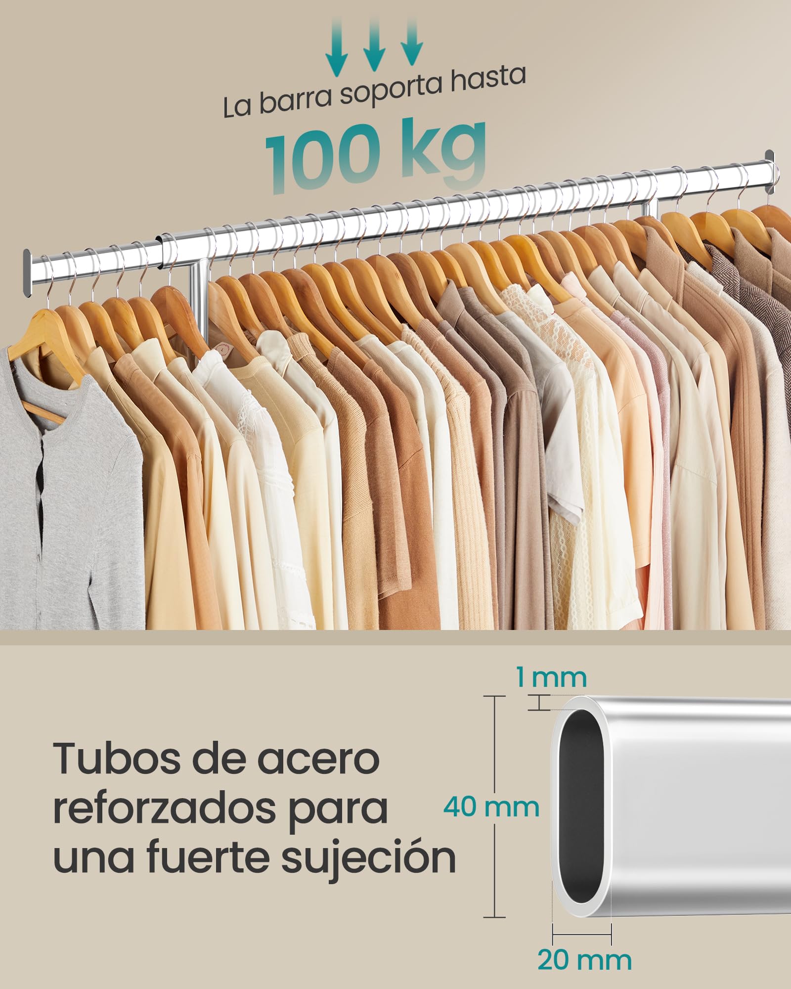 SONGMICS Juego de 20 Perchas, Perchero con Ruedas, Percha de Madera Maciza, Barra Extensible, Gancho Giratorio 360°, Plata, Natural y Plata HSR013S01