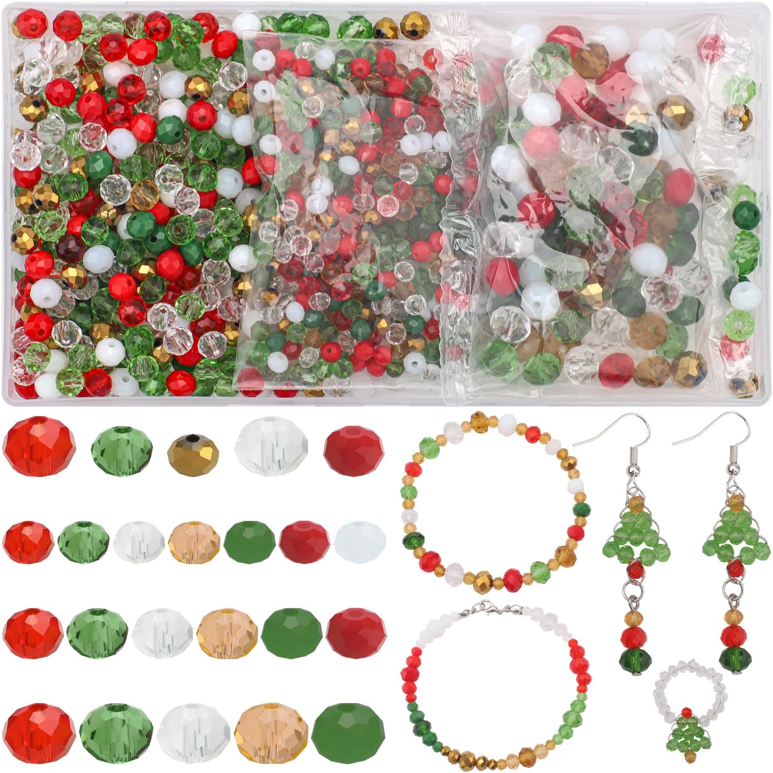 1000pcs Christmas Glass Beads for Jewelry Making Briolette Rondelle Beads Assorted Crystal Beads Loose Spacer Bead for DIY Crafts Bracelets Necklaces Earrings and Christmas Decorations
