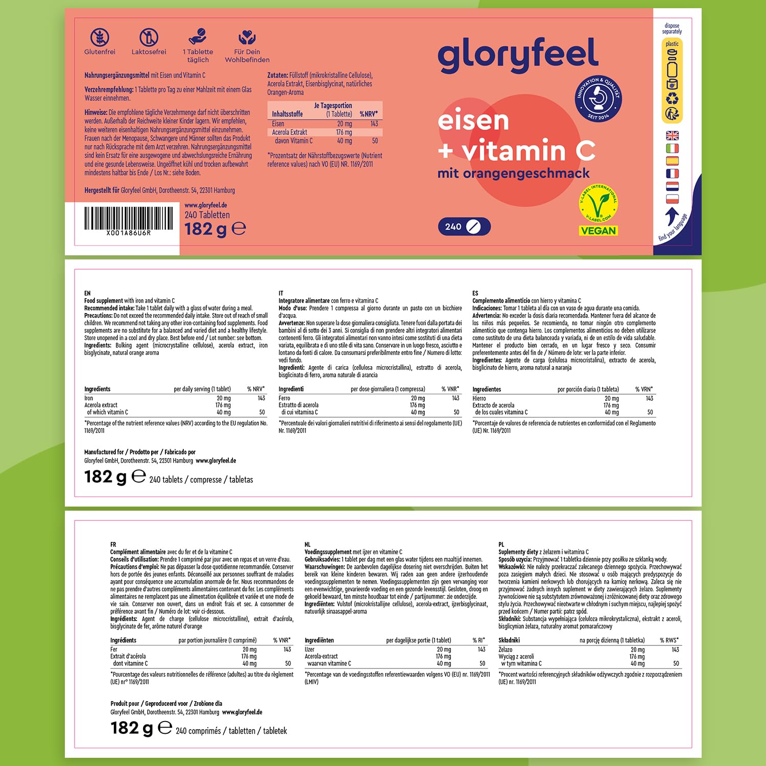 Complément Alimentaire de Fer 20mg + Vitamine C, 240 Comprimés (8 mois), Reconstituant Sanguin, Contre Fatigue Physique et l'Anémie, Hautement Biodisponible, Arôme Naturel D'Orange, 100% Végétalien