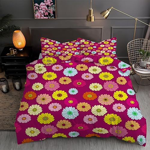 Juego de funda de edredón con estampado floral de color rojo oscuro, funda de edredón de microfibra suave y 2 fundas de almohada de 20 x 36