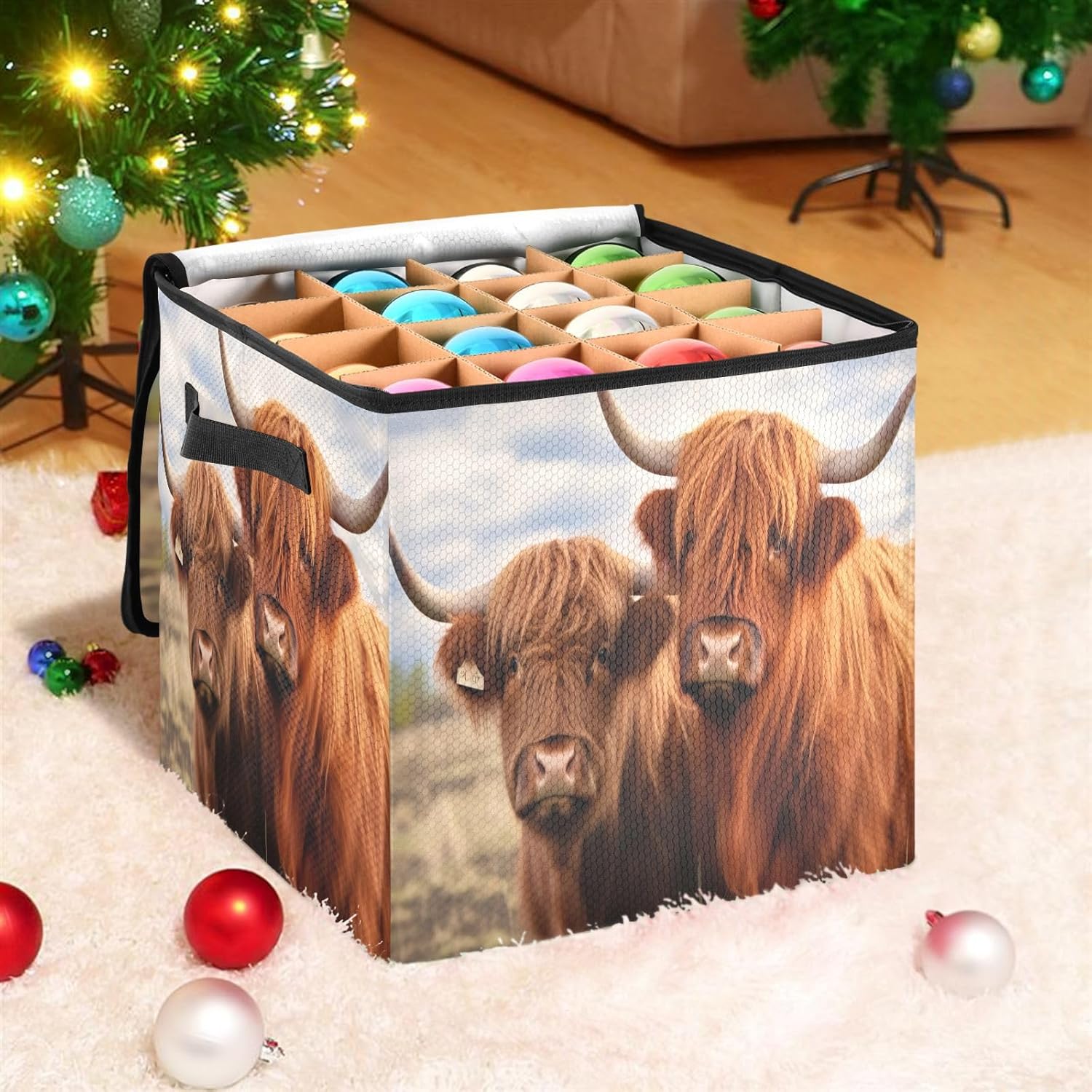 Highland Cows 13 Inch Christmas Ornament Storage Box with Lid - Holiday Decor Storage Containers, Stores 64 Ornaments, 3 Inch Cube Compartments