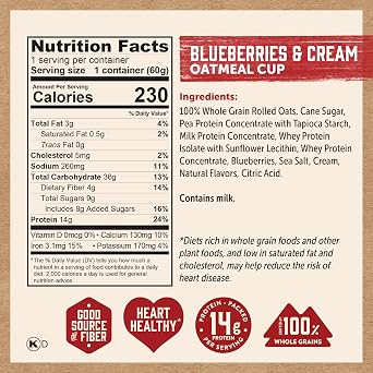 Kodiak Instant Oatmeal Cups, Blueberries & Cream, High Protein, 100% Whole Grains, (12 cups)
