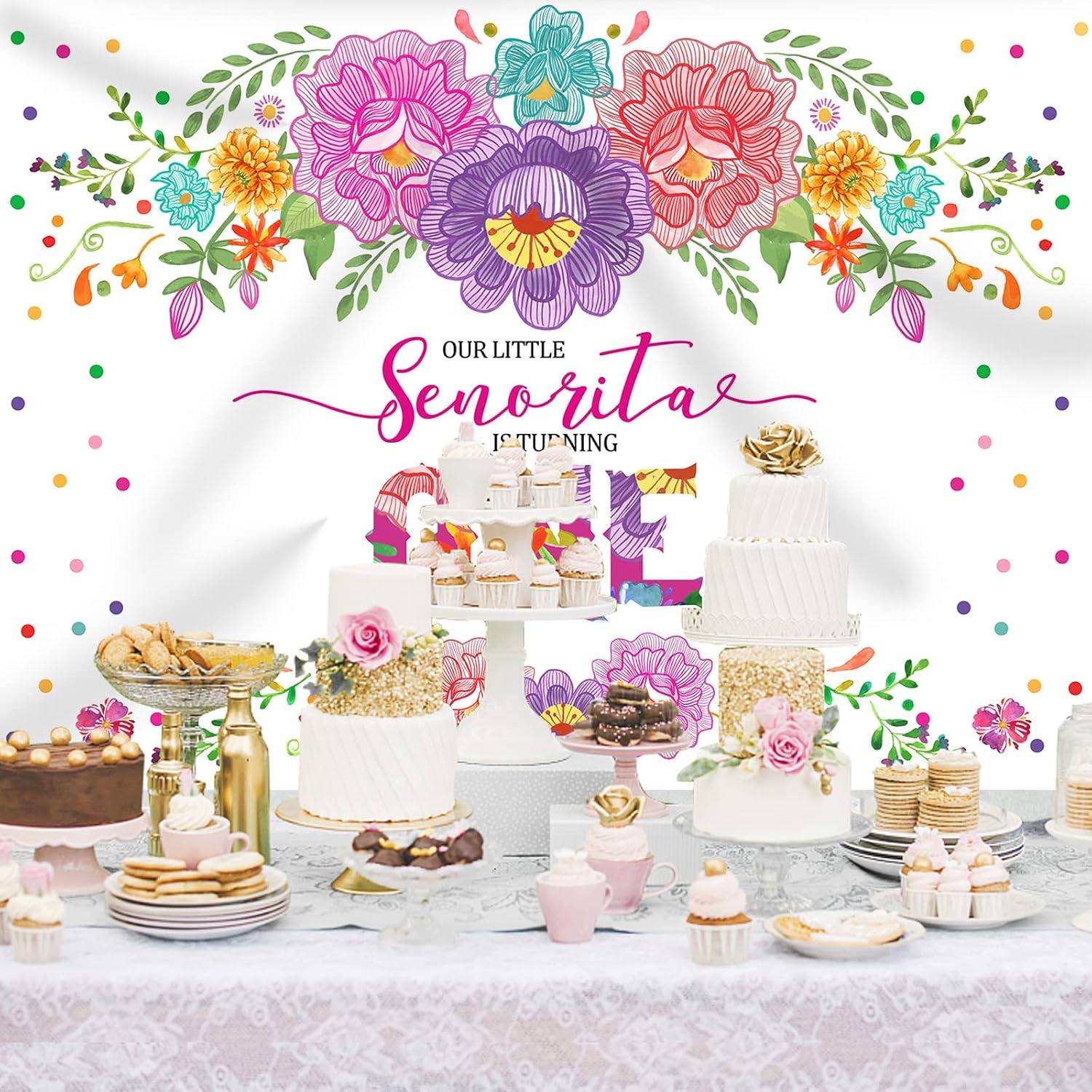 Mexican Fiesta 1st Birthday Backdrop for Girls Flowers Senorita Turning One Photography Background 7x5ft Fiesta Girl's First Birthday Party Decorations Supplies Banner Photo Booth Props image 2