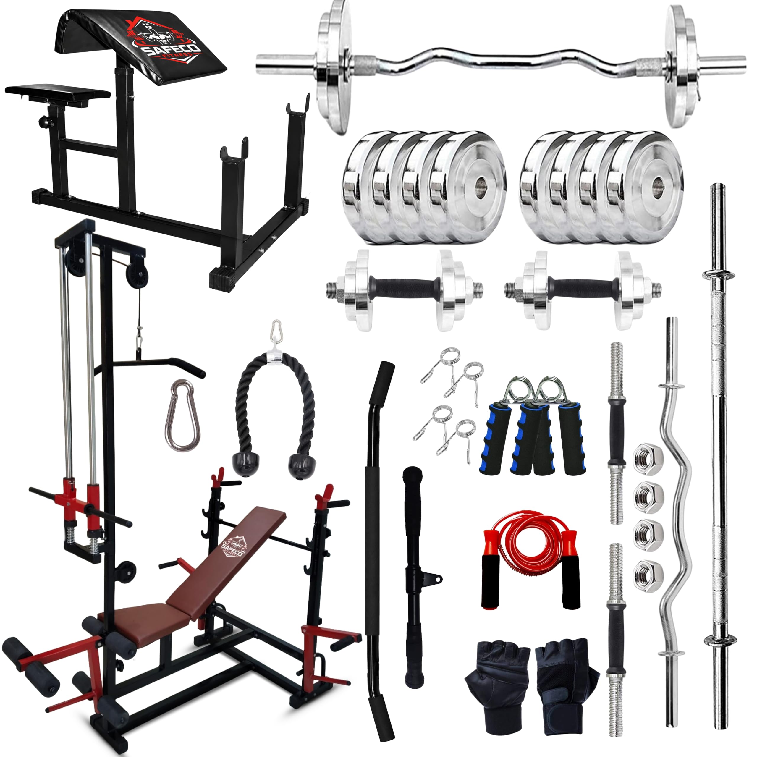 Home Gym Combo with 30KG Steel Weight Plates & Barbell, 20-in-1 Adjustable Bench, Lat Pulldown, Preacher Curl Bench, Cable Attachments & Accessories for Full Body Workout-picture-22