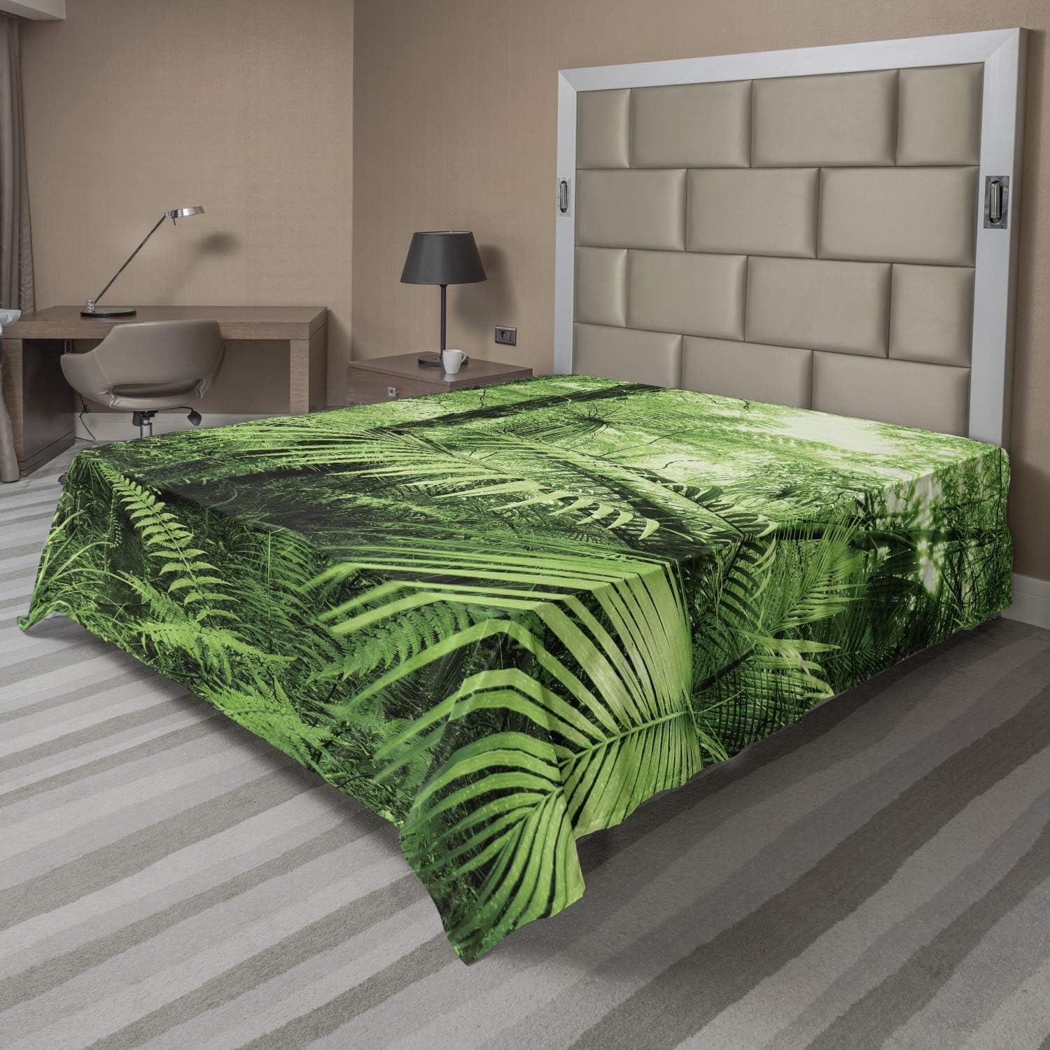 Ambesonne Rainforest Flat Sheet, Palm Trees and Exotic Plants in Tropical Jungle Wild Nature Theme Illustration, Soft Comfortable Top Sheet Decorative Bedding 1 Piece, Queen Size, Green