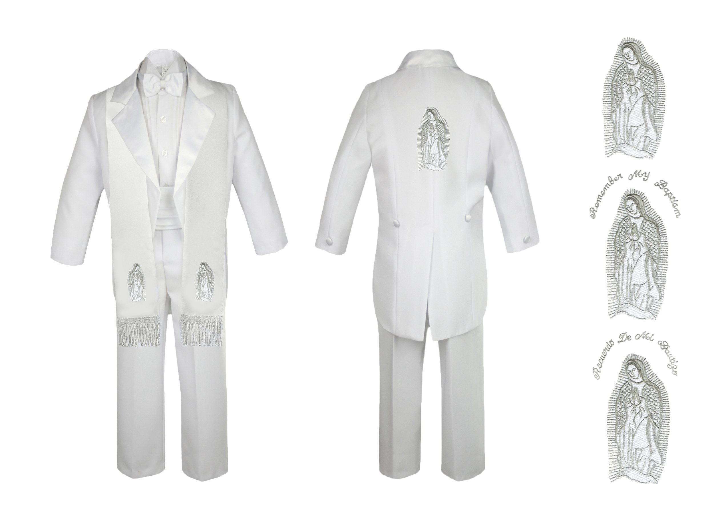 Unotux Baby Boy Christening Baptism Church White Tail Suit Mary Maria Stole & Back Sm-7 (Large (12-18 Months), Silver English)