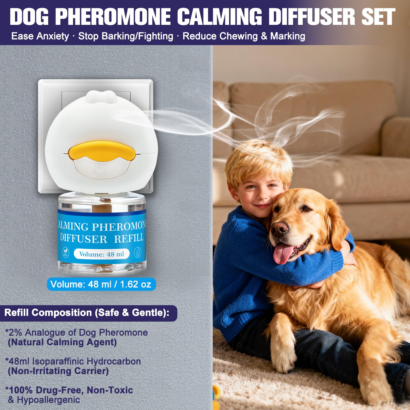 Difusor Calmante de Feromonas para Perros, 1 Difusor + 2×48ml Recargas, Aroma de Hierbas, Calma Ansiedad por Separación/Tormenta/Fuegos Artificiales, Reduce Ladridos/Mordiscos/Marques (1)