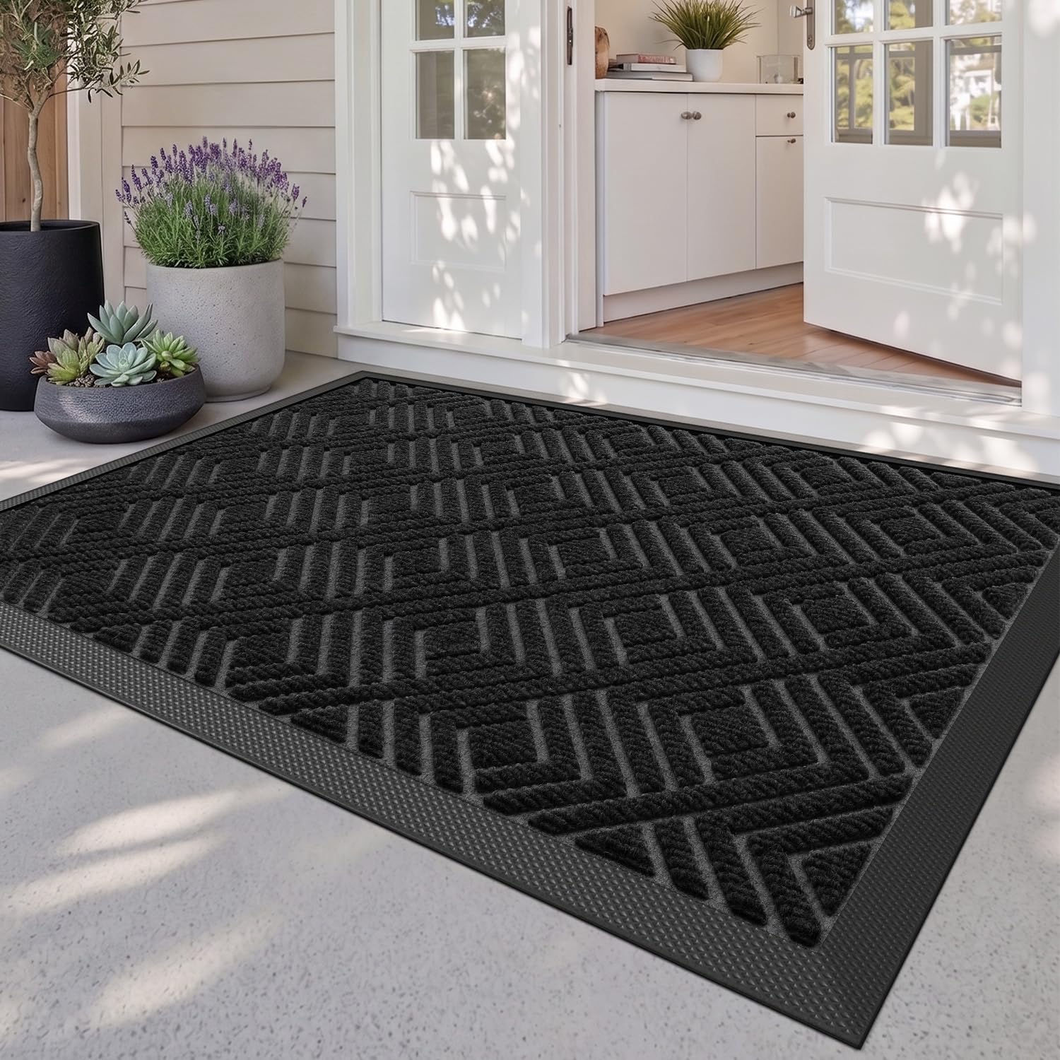 Paillasson d'entrée extérieur durable tapis caoutchouc antidérapant facile à nettoyer noir