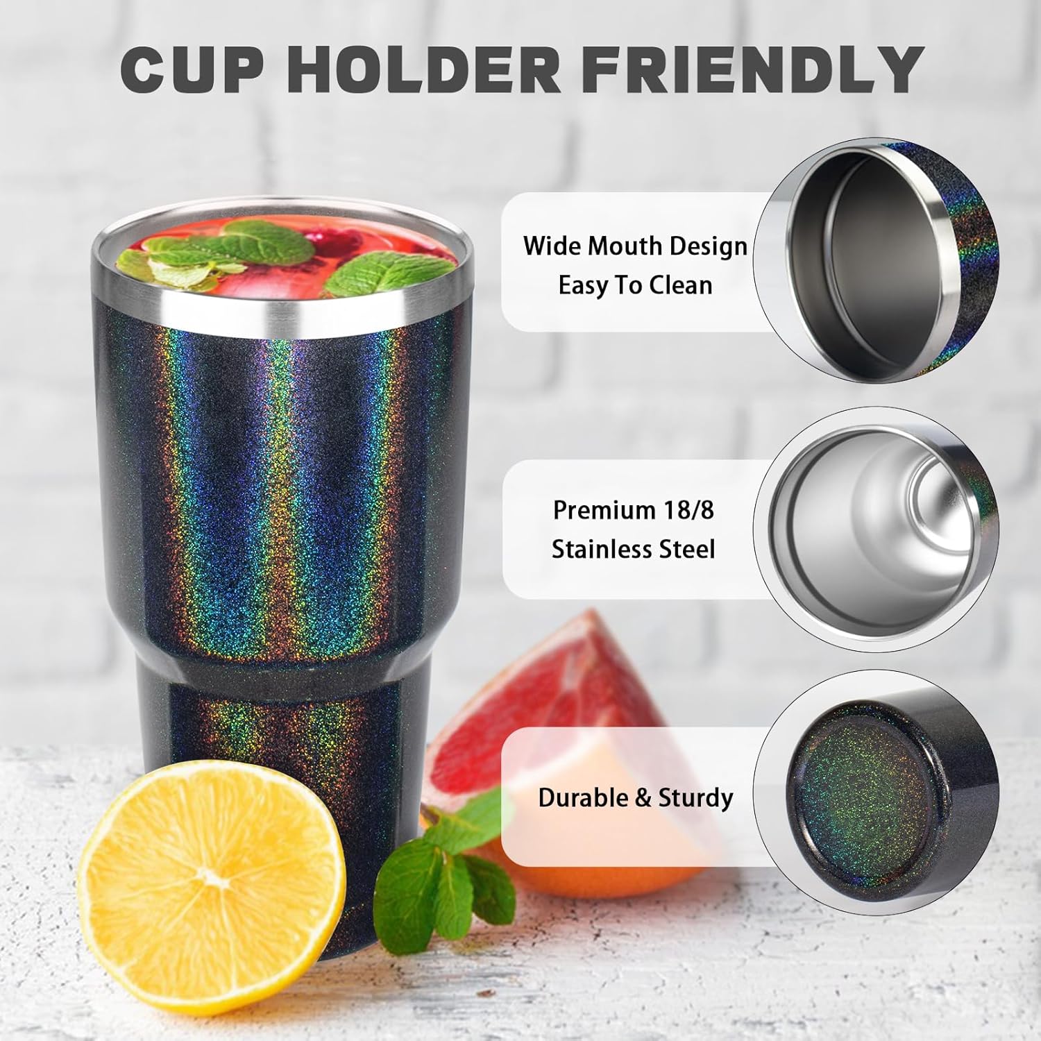 30 oz Tumbler with Lids and Straws, Stainless Steel Insulated Coffee Tumbler, Double Wall Vacuum Insulated Travel Mug Cup, Leakproof Thermal Coffee Cup for Hot and Cold Drinks (Glitter Black) - Image 3