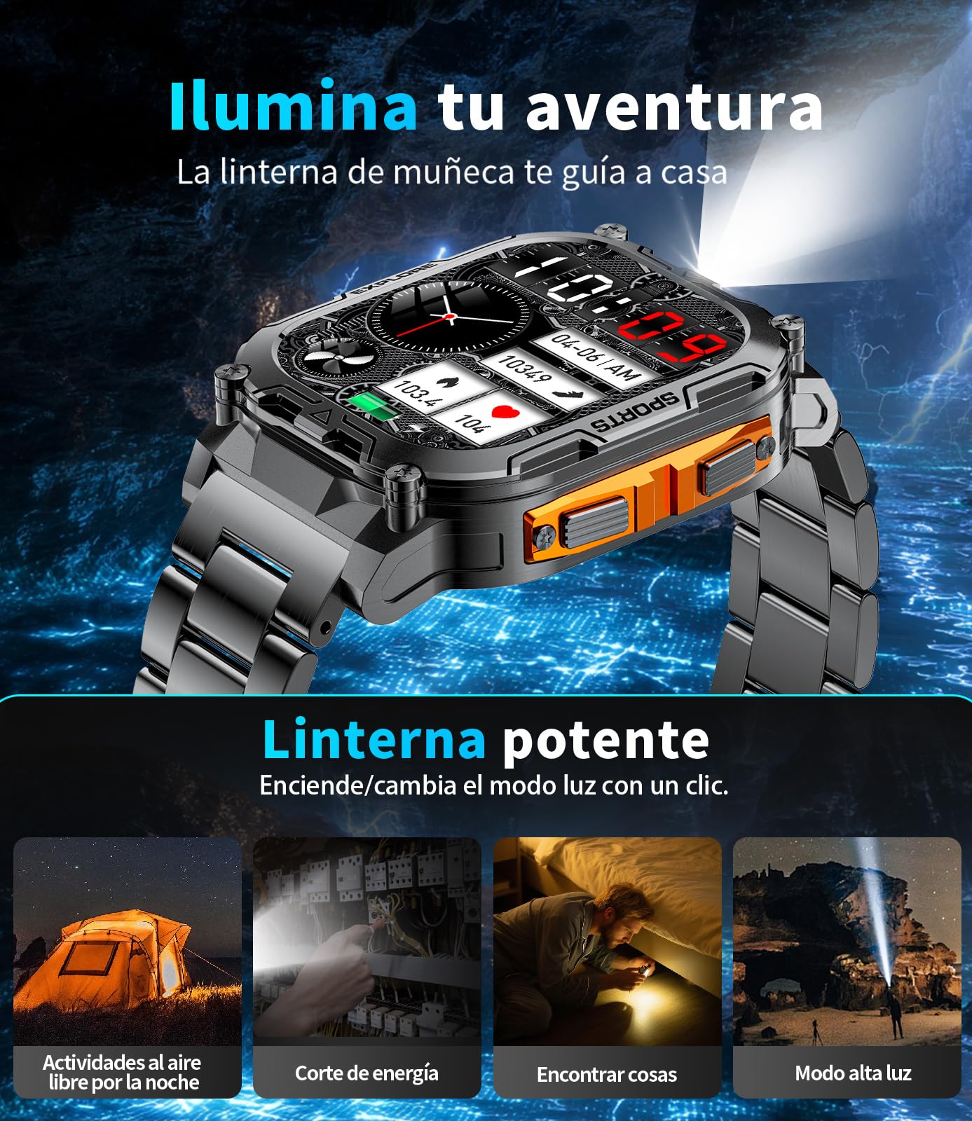 Reloj Inteligente Hombre, Batería 1000 mAh, Linterna LED,Smartwatch para Correr con Pantalla HD 2.01", Podómetro, Monitor de Sueño, IP68 Impermeable, Smartwatch Android iOS (Negro-Naranja)