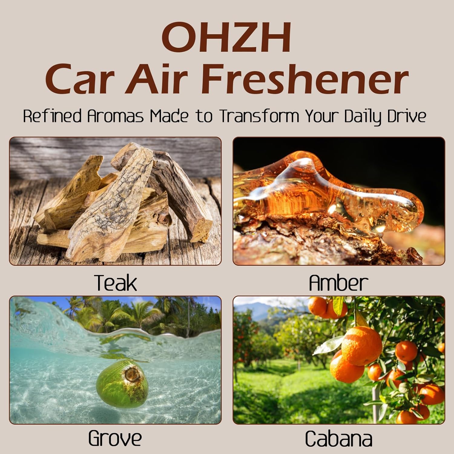 Car Air Freshener-The Original Wood Air Freshener-Car Odor Eliminator for Visor Clip-Long Lasting Scent,Vehicle Scent Diffuser for Truck & SUV-Pack of 4 (Teak-Amber-Cabana-Grove) INCLUDED 2 CLIPS