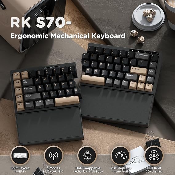 RK ROYAL KLUDGE RKS70 Wireless Gaming Keyboard, Ergonomic Split Design, Bluetooth/2.4G/Wired 75% Compact RGB Backlit Mechanical Keyboard with Fixed Wrist Rest for Win/Mac Hot-Swappable Creamy Switches