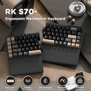 RK ROYAL KLUDGE RKS70 Wireless Gaming Keyboard, Ergonomic Split Design, Bluetooth/2.4G/Wired 75% Compact RGB Backlit Mechanical Keyboard with Fixed Wrist Rest for Win/Mac Hot-Swappable Creamy Switches