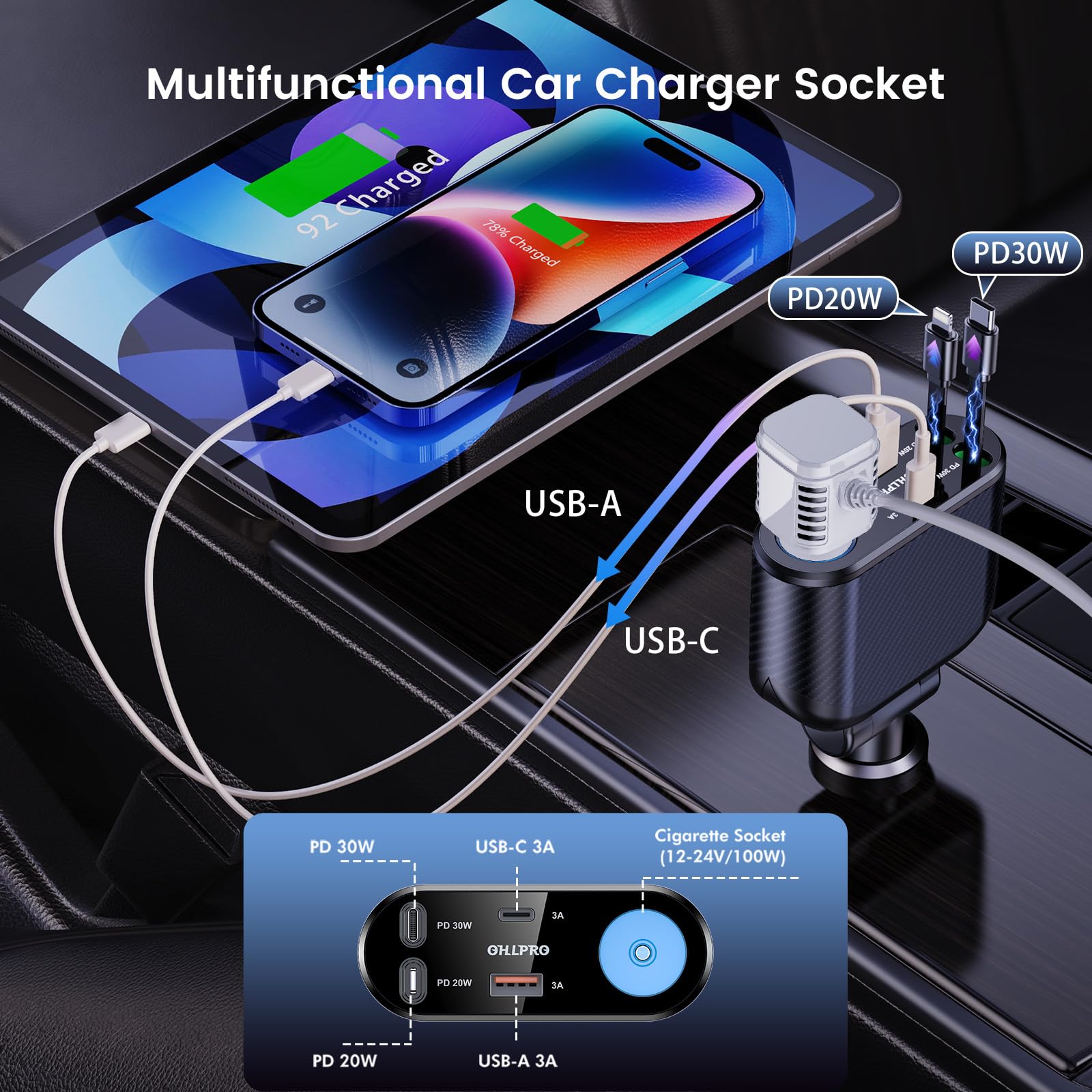 OHLPRO 5 en 1 Chargeur de Voiture Retractable, 168W Multi Prise Adaptateur Allume Cigare USB C, 5 Ports Dual Cable Rapide Charge PD3.0 Allume, Compatible avec iPhone,Samsung, Xiaomi, GPS, Tablette