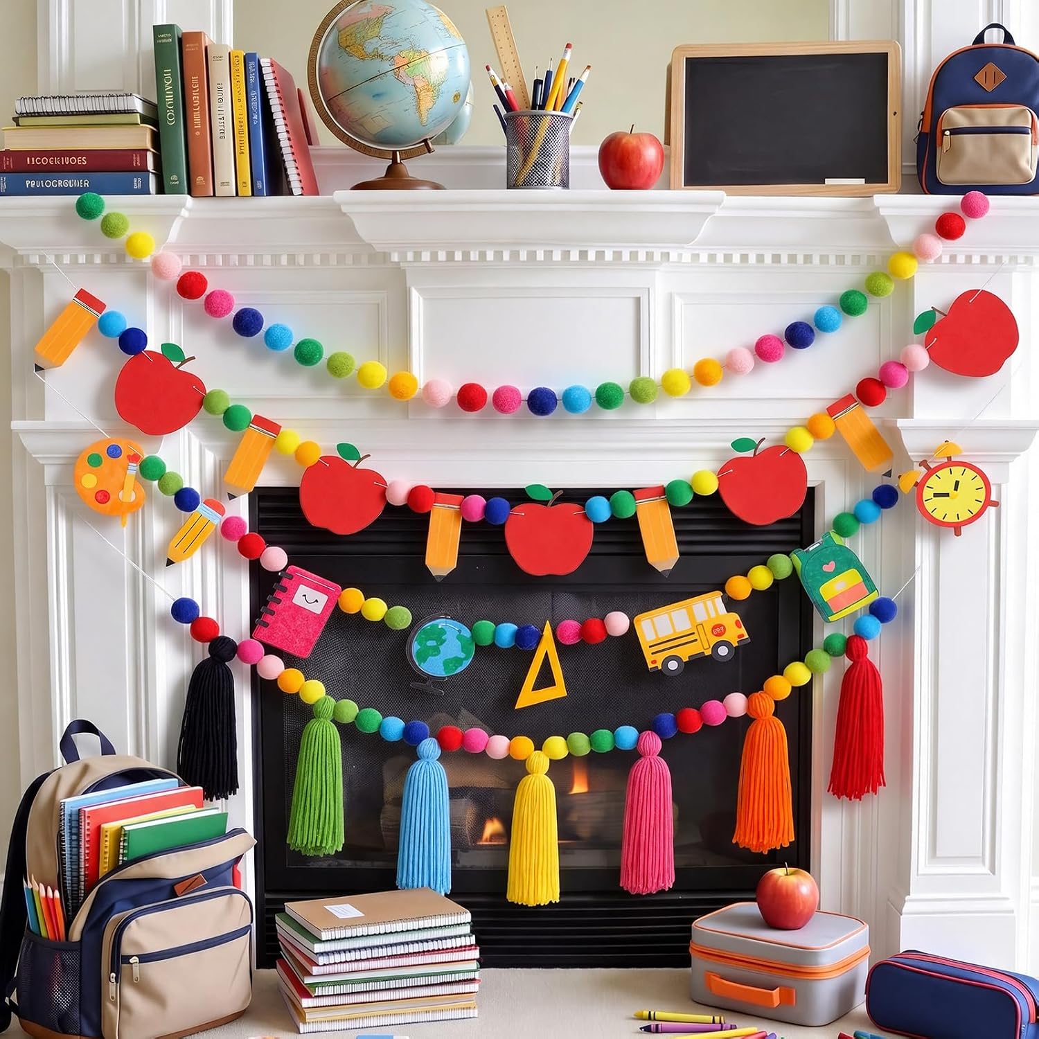 RattanView 4 Pcs Colorful Classroom Garland Back to School Pencil Banner First Day of School Bus Garland Preschool Kindergarten Classroom Decoration Banner for Home Indoor Outdoor Office Party Supply