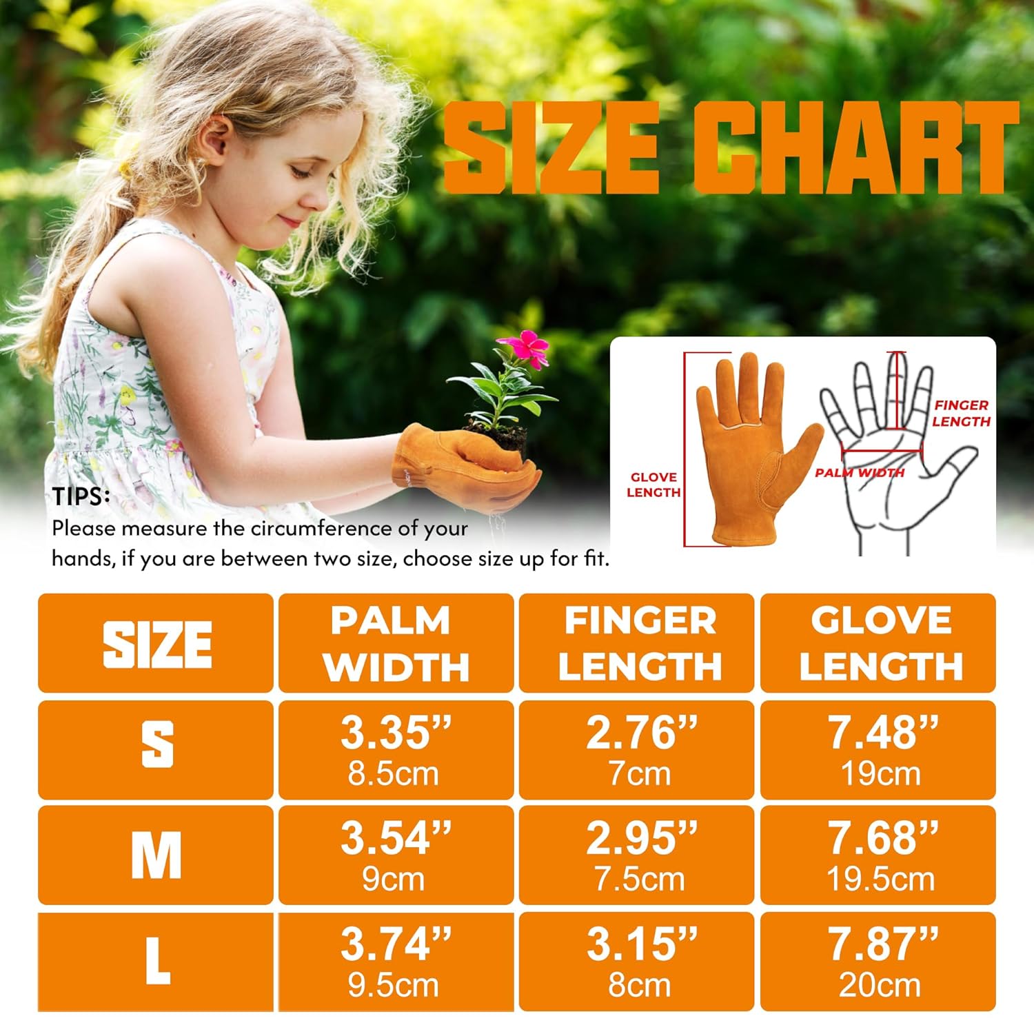 HANDLANDY Kids Genuine Leather Work Gloves for ages 3-11, Children Gardening Gloves for Boys, Girls (Small (for age 2-4), Orange) - Image 7