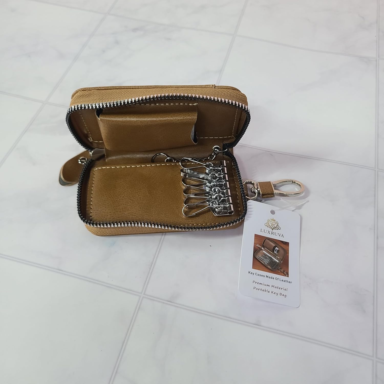 LUXRUVA Key Cases Made Of Leather, Compact Zipper Key Organizer with Key Hooks, Portable Key Pouch for Men & Women, Brown