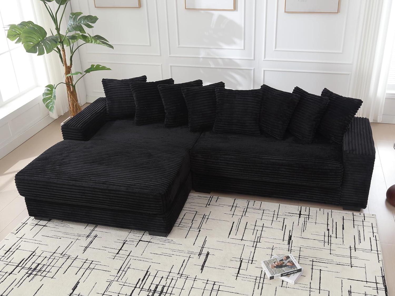 Modern Sectional Couch,111" W Corduroy L Shaped Couch with Chaise & 8 Throw Pillows,Upholstered Comfy Cloud Sofa,Deep Seat Corner Sofa Sleeper Bed for Living Room/Bedroom/Office(Left Facing,Black)