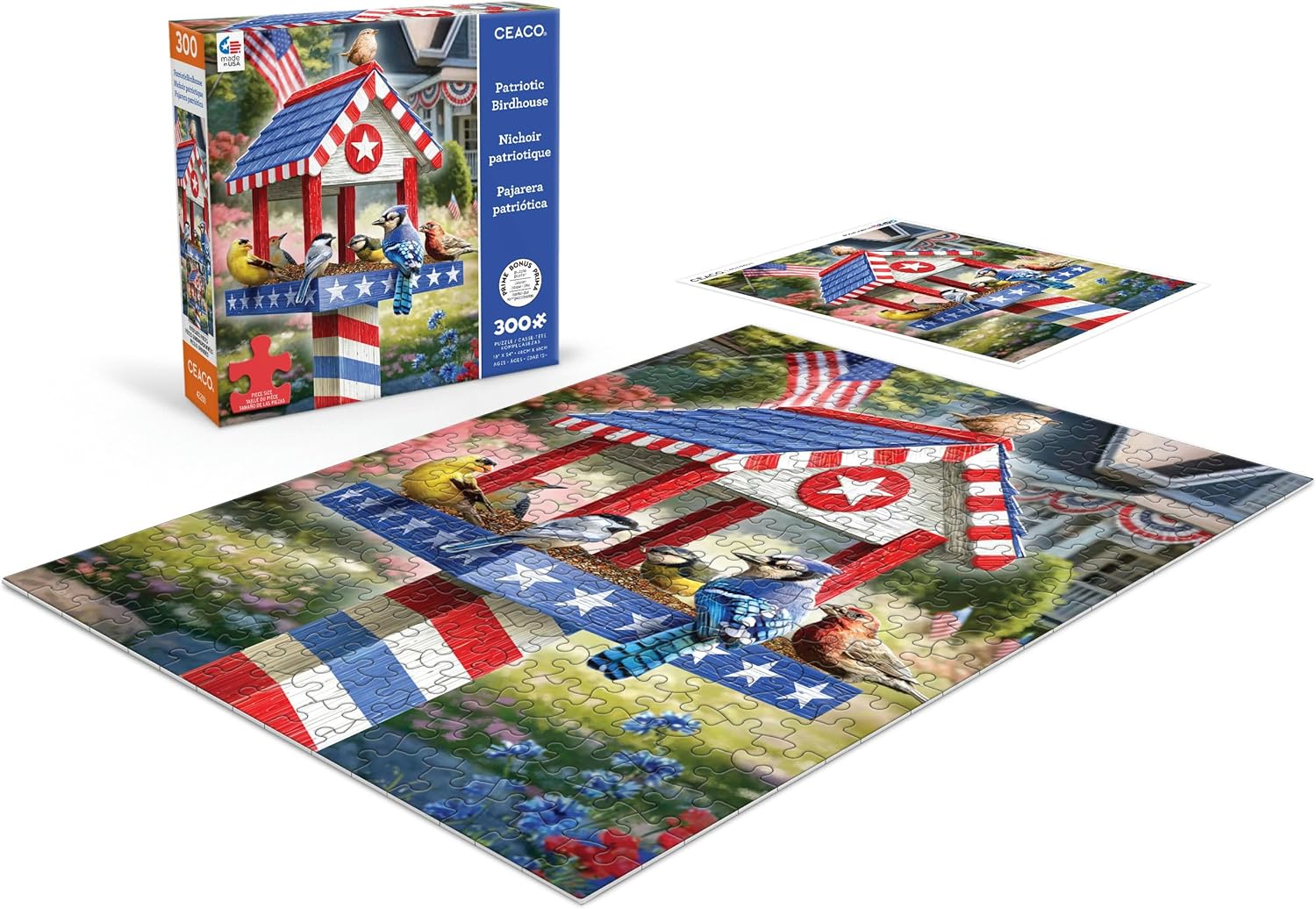 Ceaco - Large Piece Jigsaw Puzzle- Larry Jones - Patriotic Birdhouse - Relaxing and Fun Activity for Adults