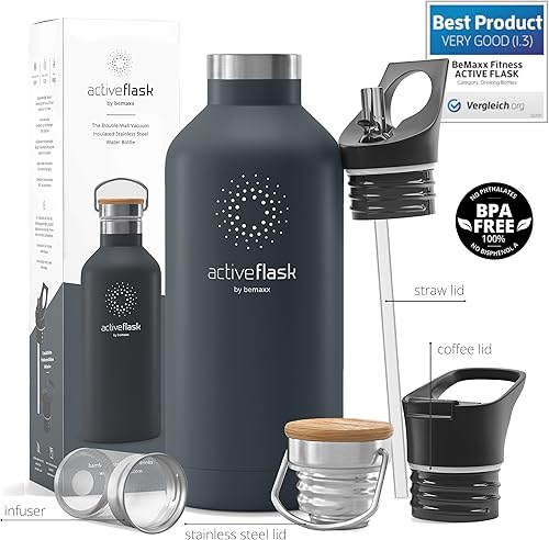 Miniatura 9 de Botella de agua de acero inoxidable con pajita, infusor y 3 tapas 1832 oz a prueba de fugas aislado al vacío ACTIVE FLASK Botellas de beber frías