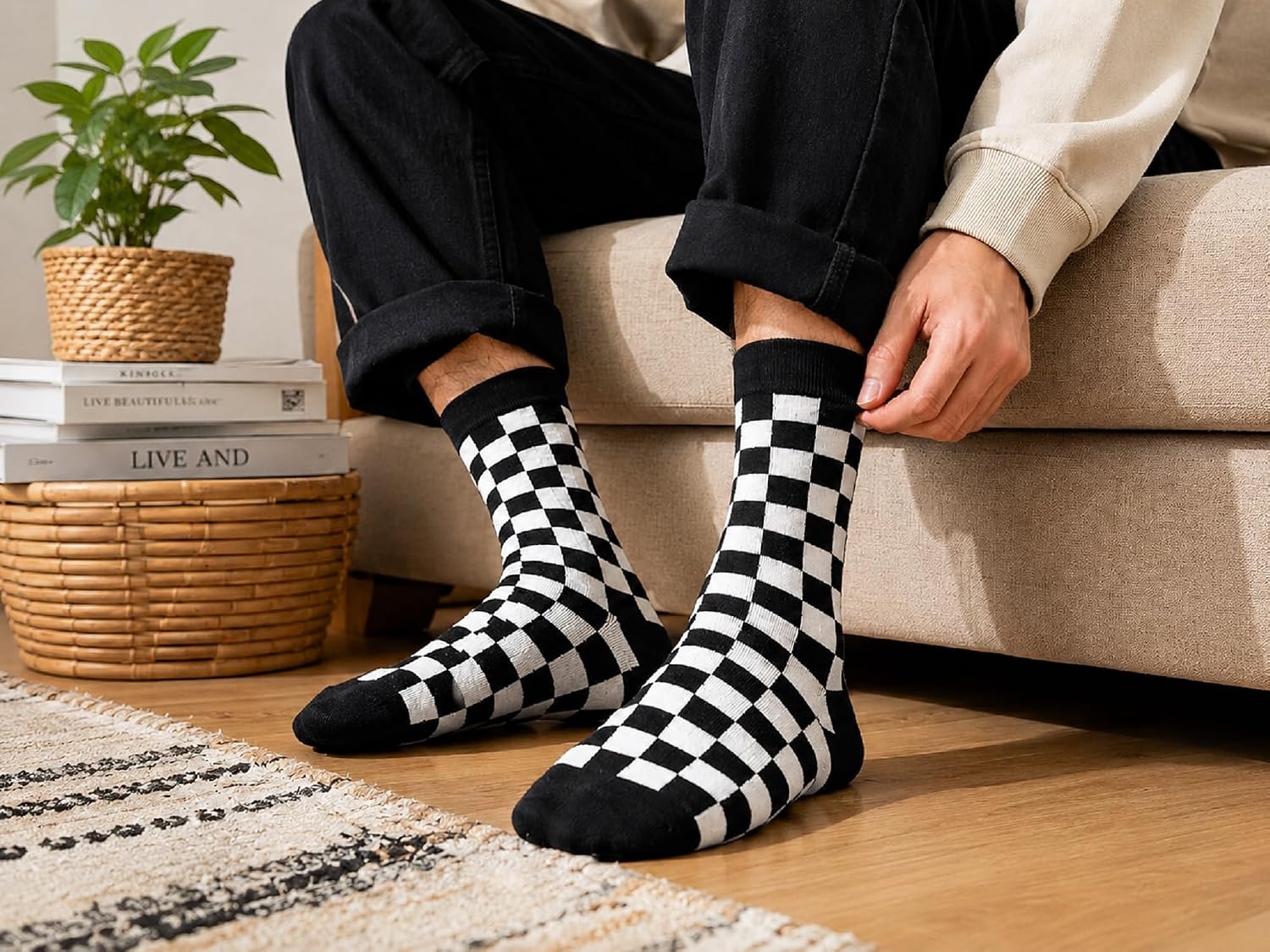 Men's Checker Crew Socks – 3 Pack - Soft Cotton Blend, Cushioned & Breathable, US Size 6–12