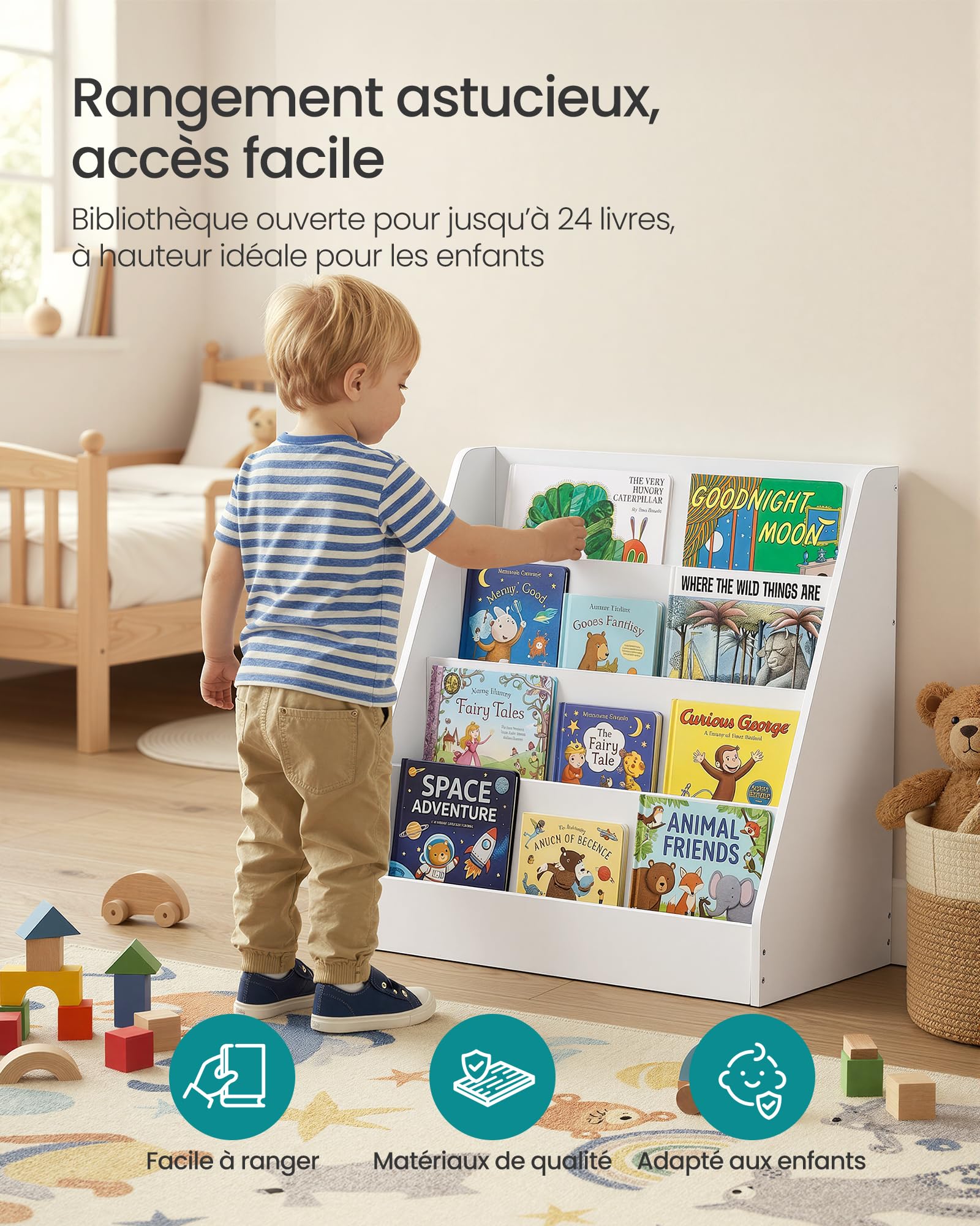 SONGMICS Étagère à Livres pour Enfants, Bibliothèque Montessori à 4 Niveaux, Présentoir Albums Illustrés, pour Chambre d’Enfant, Espace Lecture, 30 x 60 x 60 cm, Blanc Nuage GKR074WZ01