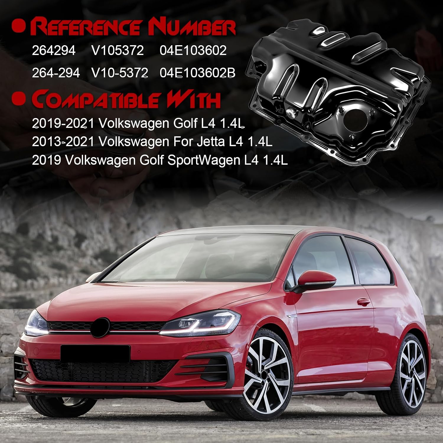 Lower Engine Oil Pan Sump with Drain Plug, Compatible with 2013-2021 Volkswagen Jetta, 2019-2021 Golf, 2019 Golf SportWagen, 1.4L