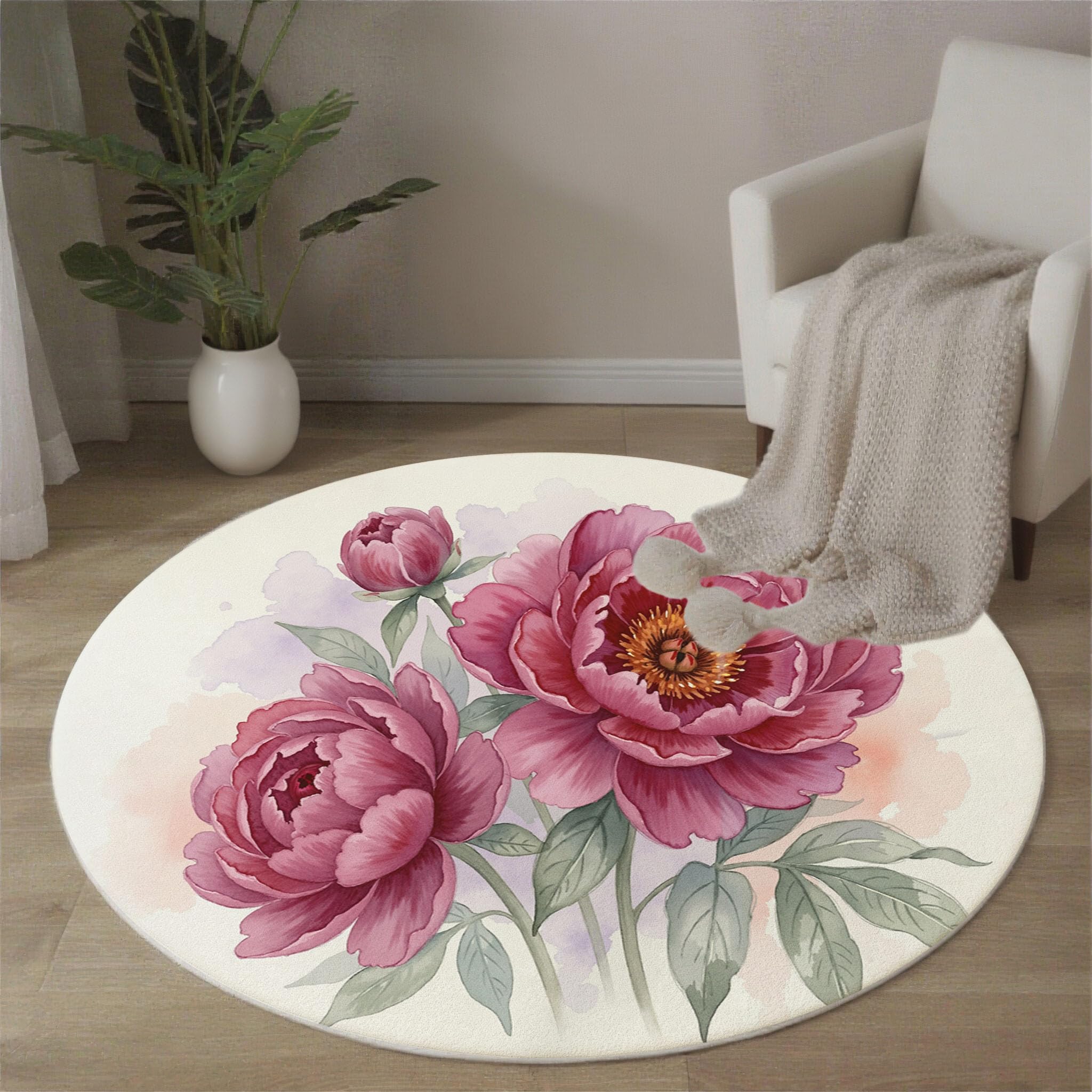 Tapis rond fleurs pivoines rose foncé pour décorer le salon ou la chambre