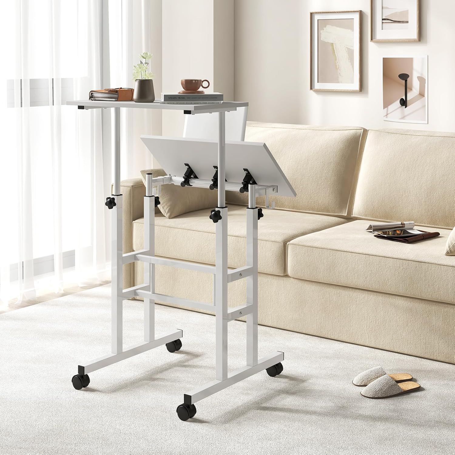 Giantex Mobile Standing Desk, Portable Stand Up Table Adjustable Height with Wheels & Tilting Tabletop, Home Office Computer Workstation, Rolling Sit Stand Desk for Standing or Sitting, White