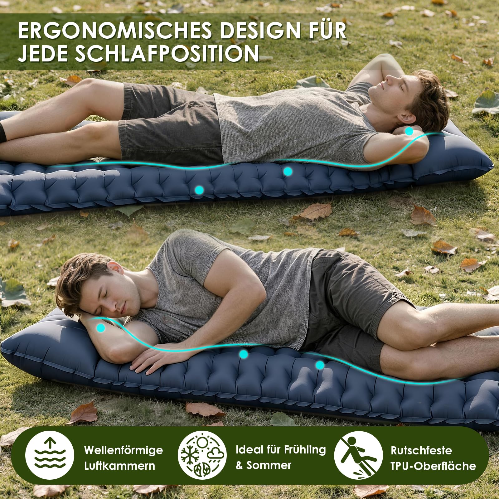 Isomatte Camping mit Fußpumpe, Ultraleichte Luftmatratze mit Kissen, 8cm Dicke Schlafmatte, Verbindbares für Einzel- oder Doppelnutzung, Wasserdicht für Camping