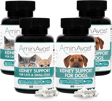 AminAvast Kidney Support Supplement 2-Pack for Cats, Small Dogs 300mg and Dogs 1000mg - Promotes Natural Kidney Function and Vitality - 60 Sprinkle Capsules