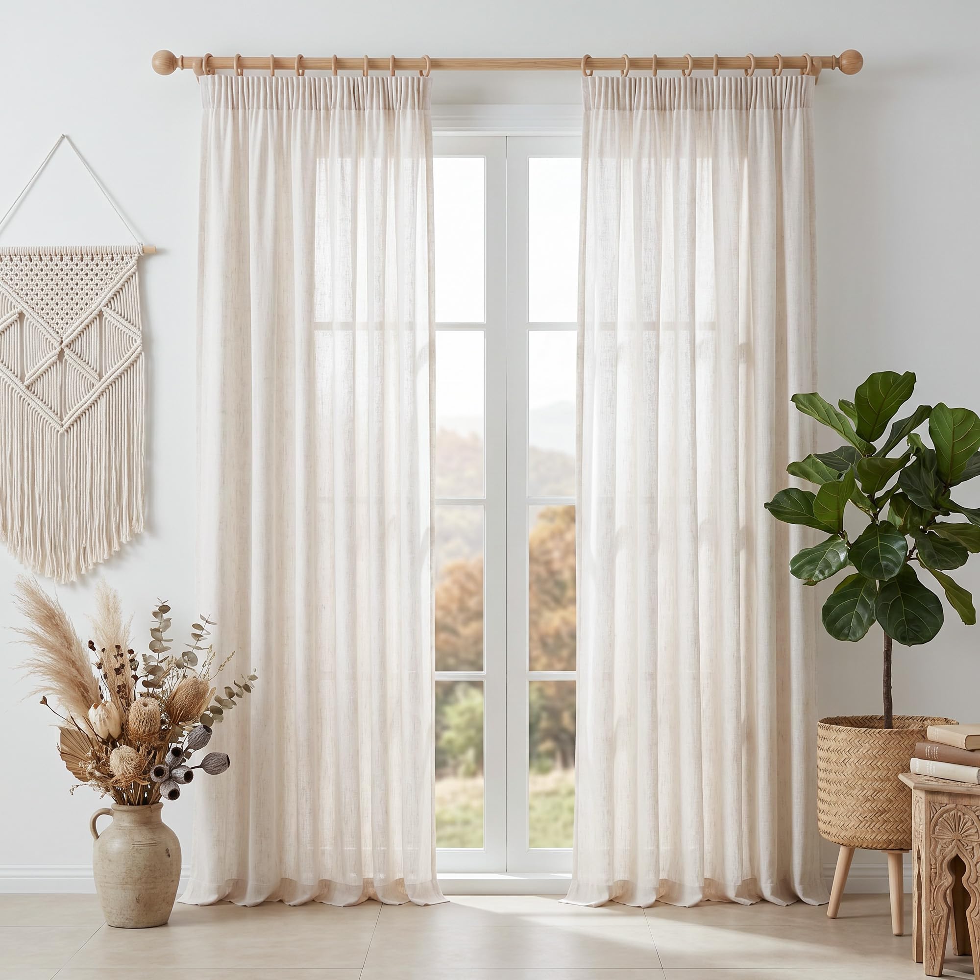 MYSKY HOME Cortina semitransparente con aspecto de lino, cortina con cinta fruncida, para salón, lino, 140 x 235 cm