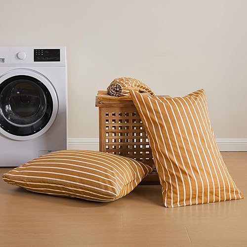 Miniatura 7 de JELLYMONI Juego de ropa de cama de algodón natural, 4 piezas de sábanas anchas a rayas óxidas, tamaño matrimonial