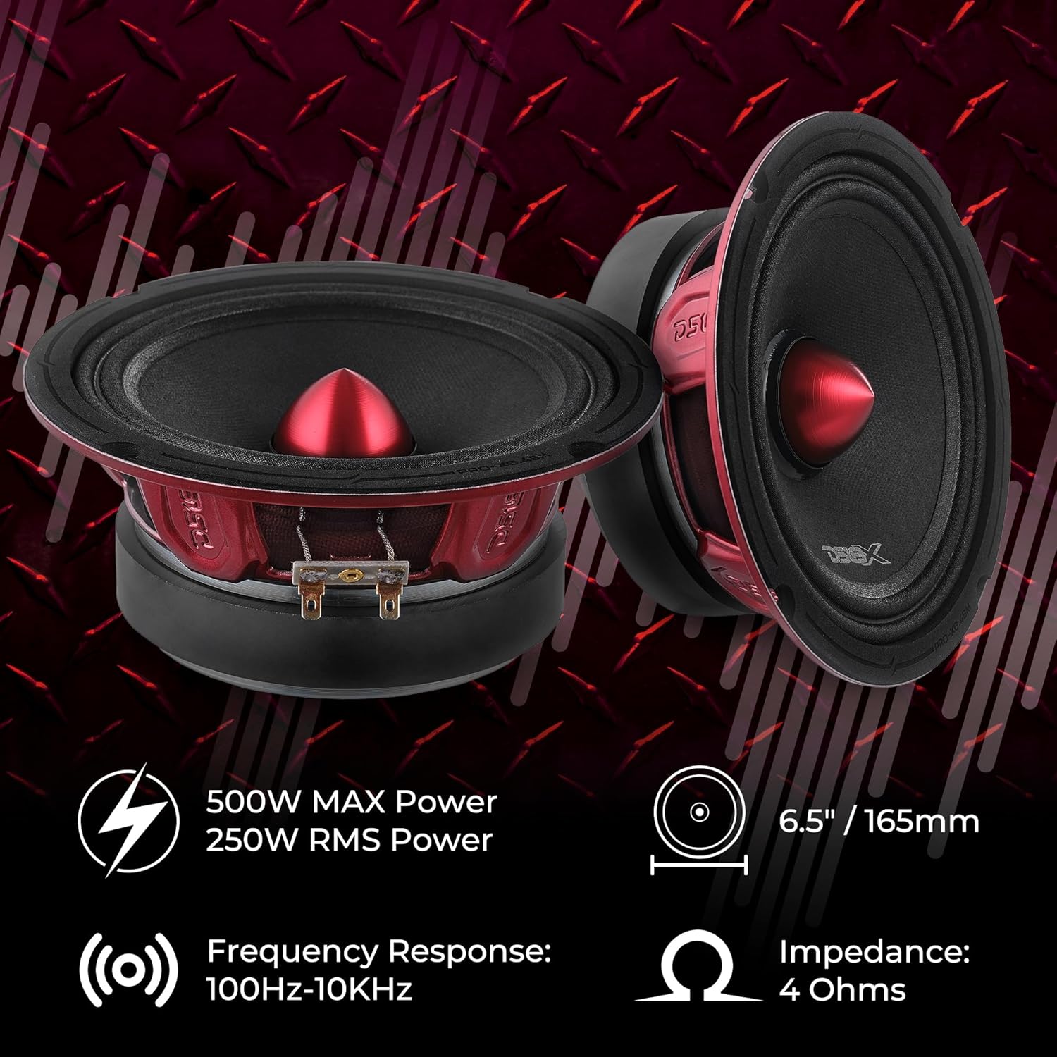 DS18 PRO-X6.4BM Loudspeaker - Pair of 6.5", Midrange, Red Aluminum Bullet, 500W Max, 250W RMS, 4 Ohms - Premium Quality Audio Door Speakers for Car or Truck Stereo Sound System (2 Speaker)