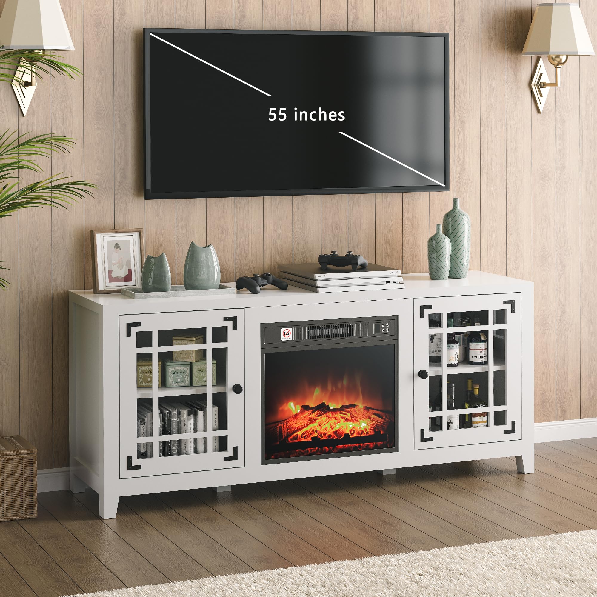 TRONLEE Fireplace TV Stand 58 inches, Entertainment Center Media Console Table with 18'' Electric Fireplace, Glass Door Storage Cabinets, for Living