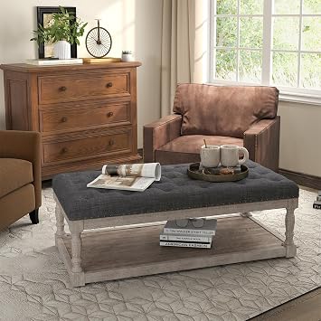 Ottoman Coffee Table, Large Rectangle Ottoman with Storage - Upholstered Cushioned Bench for Living Room, Tufted Linen Fabric with Solid Wood Shelf, Entryway BenchDark Gray