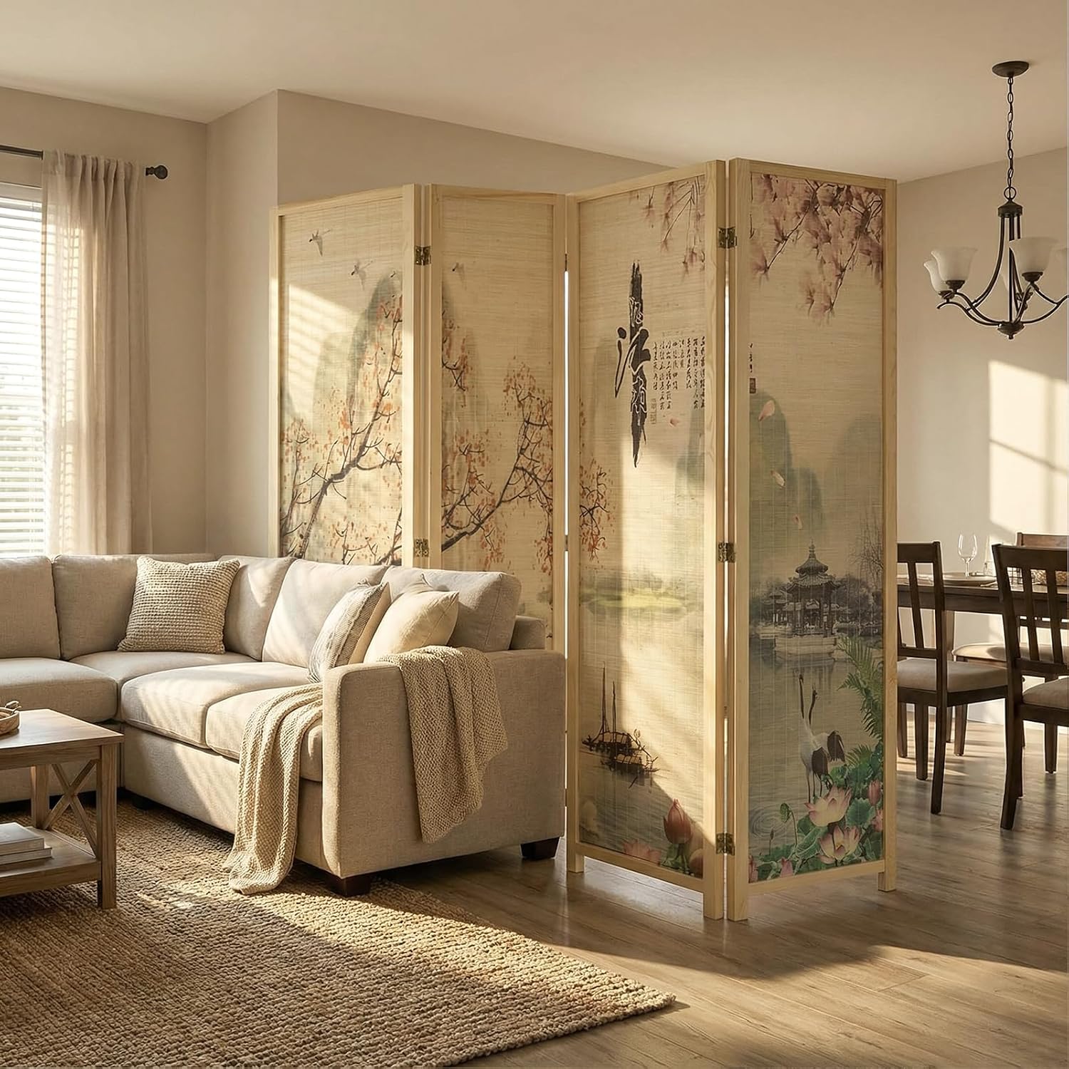 MyGift 4-Panel Folding Bamboo Room Divider Asian-Inspired Cherry Blossom Scene, 6 FT Freestanding Floral Artwork Room Partitioner with Beige Wood Frame