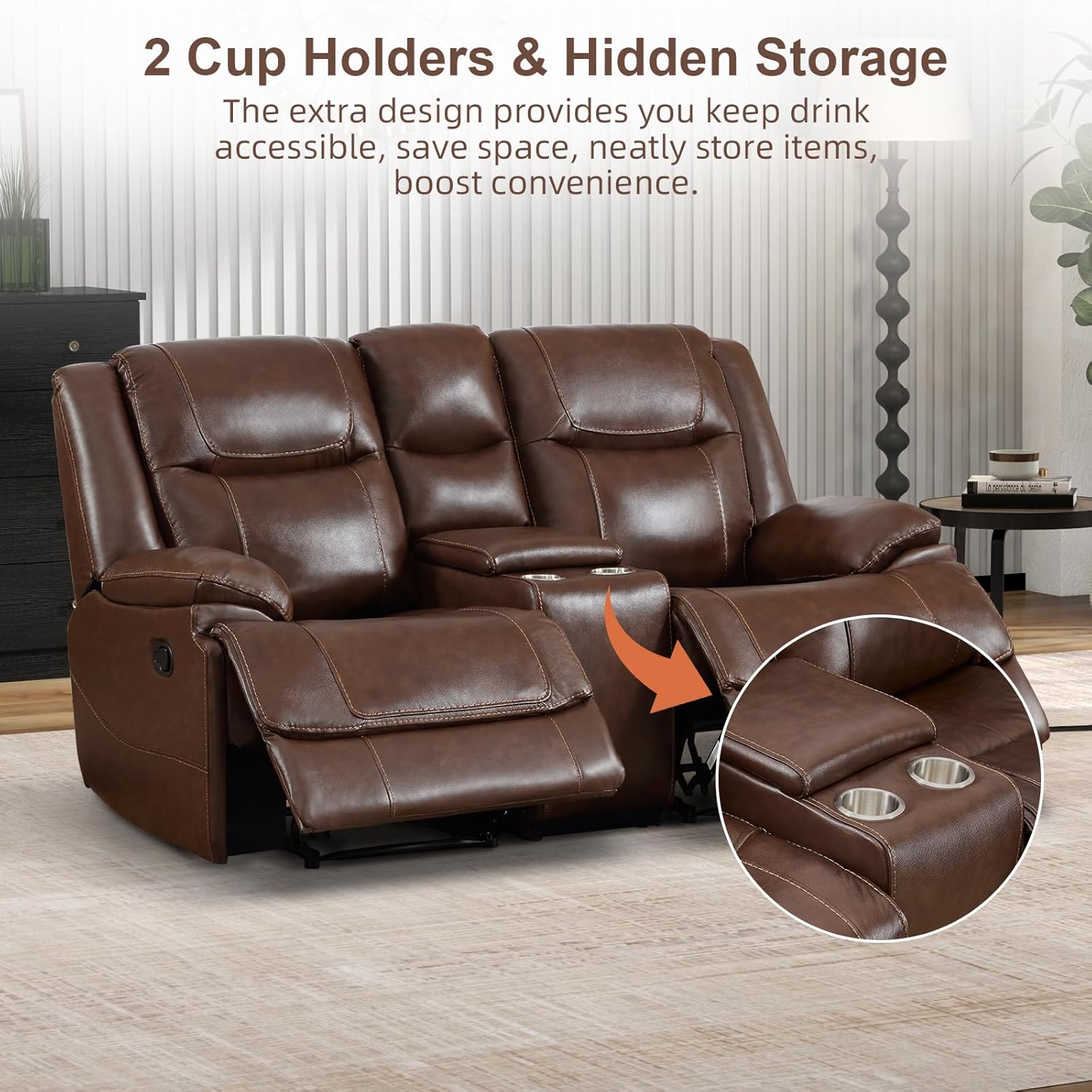 EBELLO Genuine Leather Recliner Manual Sofa Set, Reclining Loveseat and a 3 Seater Sofa Furniture Set with Storage and Cup Holders, Modern Durable Home Furniture for Living Room, Vintage Brown
