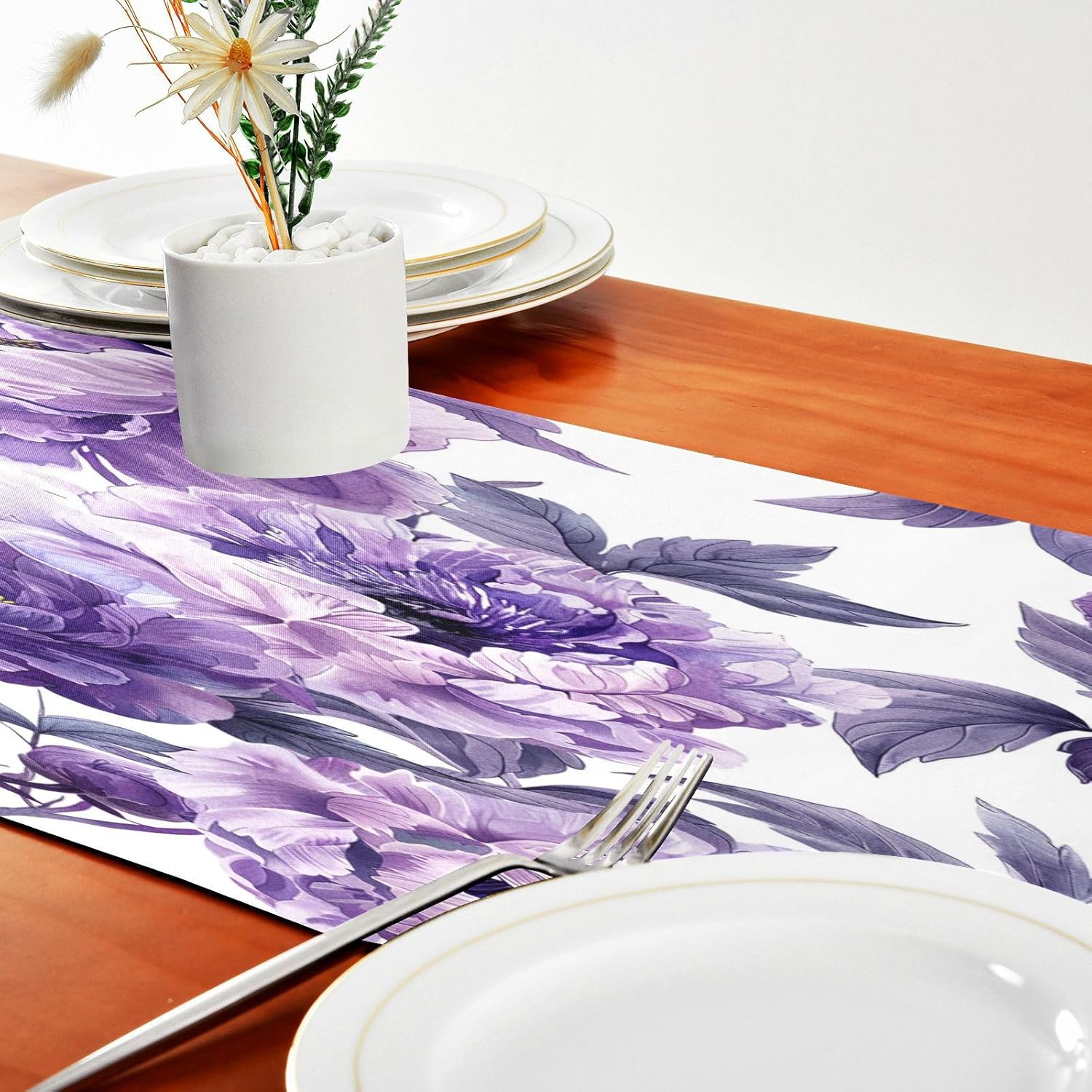 ALAZA Double-Sided Purple and Lilac Floral White Table Runner 14x108 Inches Long,Table Cloth Runner for Wedding Birthday Party Kitchen Dining Home Everyday Decor