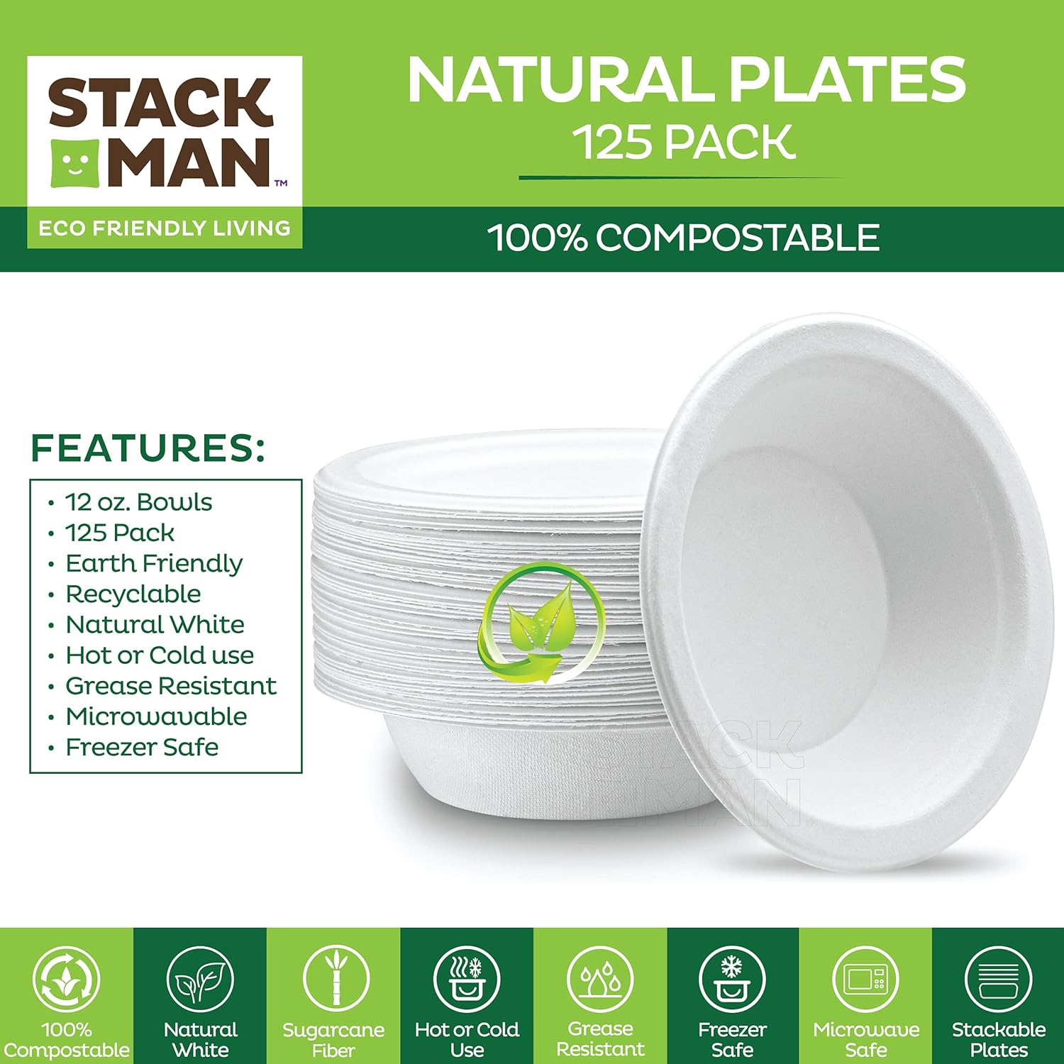 100% Compostable 12 oz Heavy-Duty [125-Pack] Eco-Friendly Disposable White Bagasse Bowl, Made of Natural Sugarcane Fibers - 12 ounces Biodegradable Paper Bowls by Stack Man : Health & Household