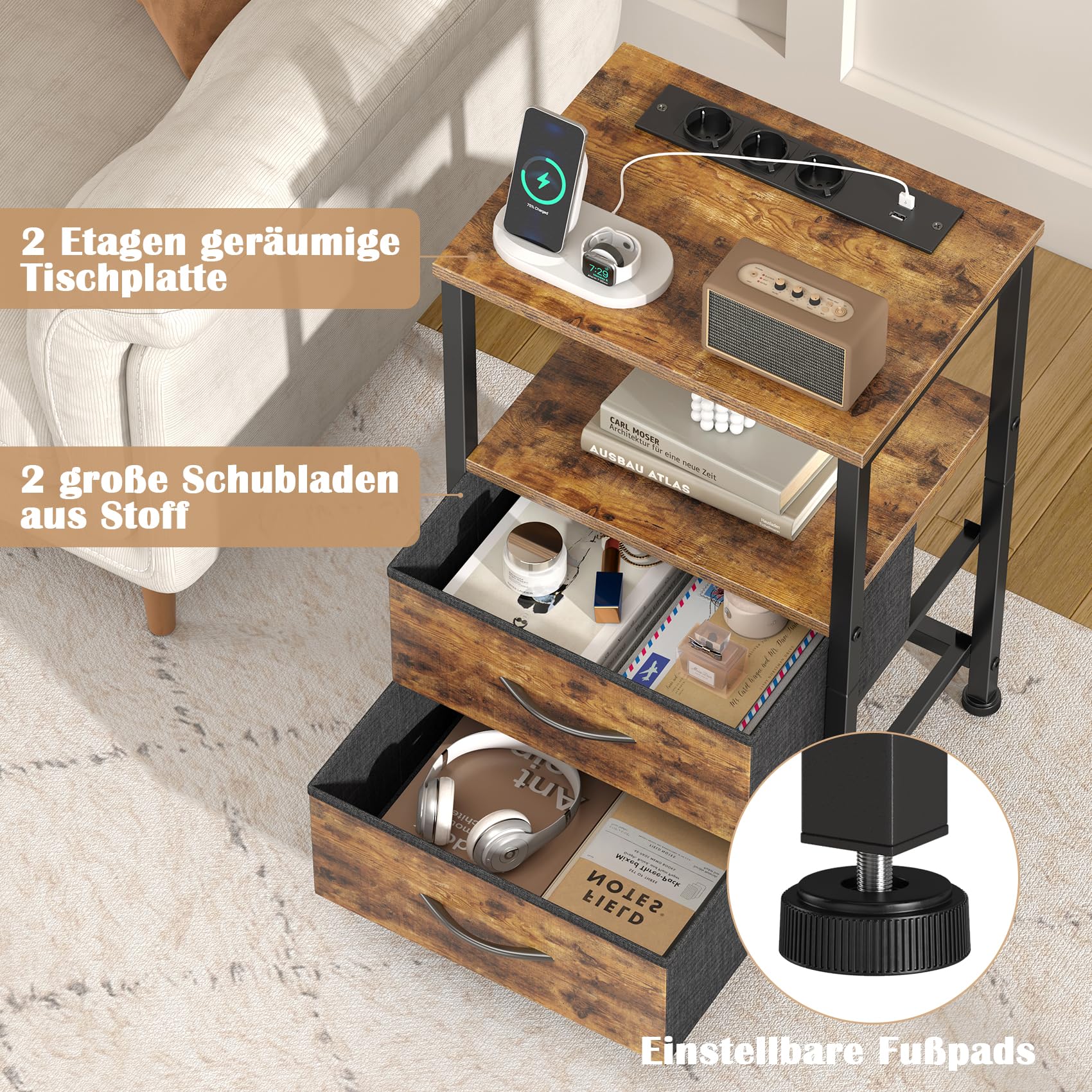 Yornoli Nachttisch mit LED & Ladefunktion, Beistelltisch mit Schublade, Nachttische mit 3 AC-Anschlüsse & 2 USB-Anschlüssen, Beistelltische fürs Wohnzimmer, Schlafzimmer, Vintage Braun
