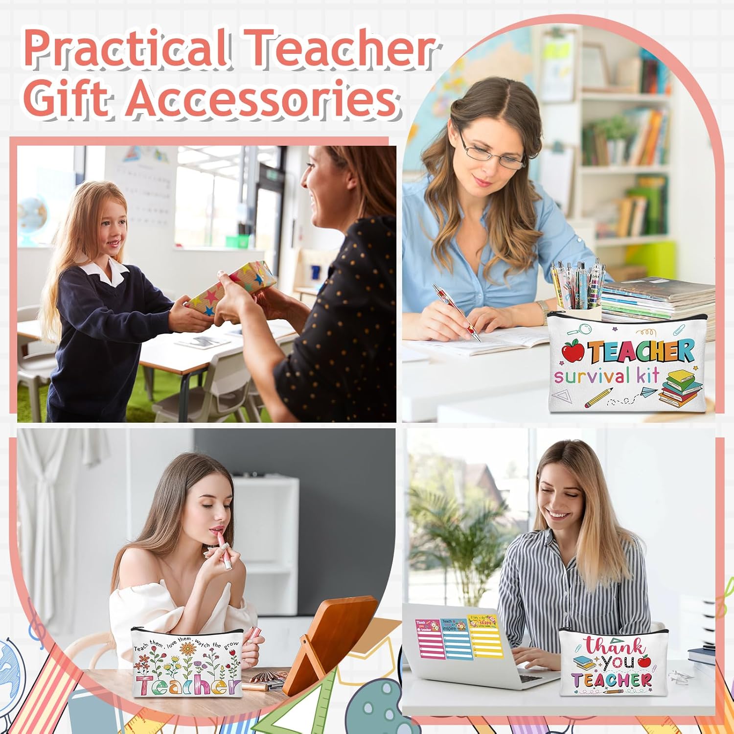 48 Pcs Teacher Appreciation Gifts In Bulk Teacher Survival Kit Makeup Bags,Sticky Notepads and Pens Thank You Gifts for Coworker Employee Teacher’s Day Office Supplies