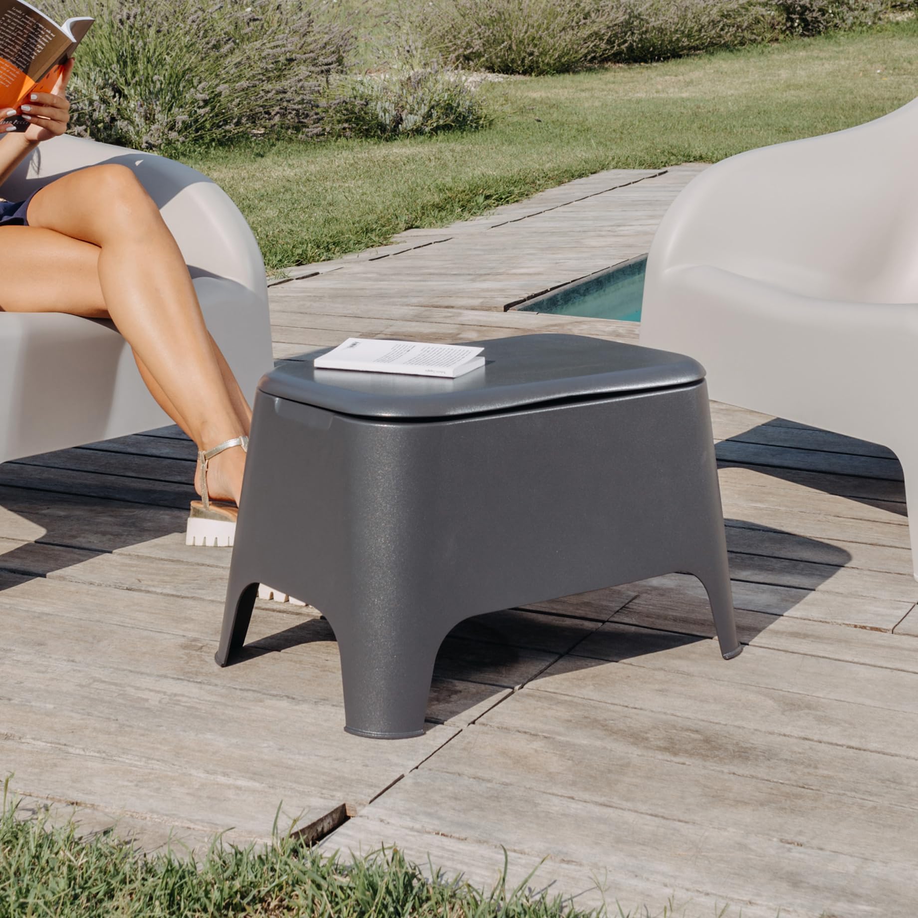 TOOMAX - Table Basse d'appoint en résine 59x 39x 36cm Gris Anthracite avec Couvercle Extérieur/Intérieur Jardin, Maison